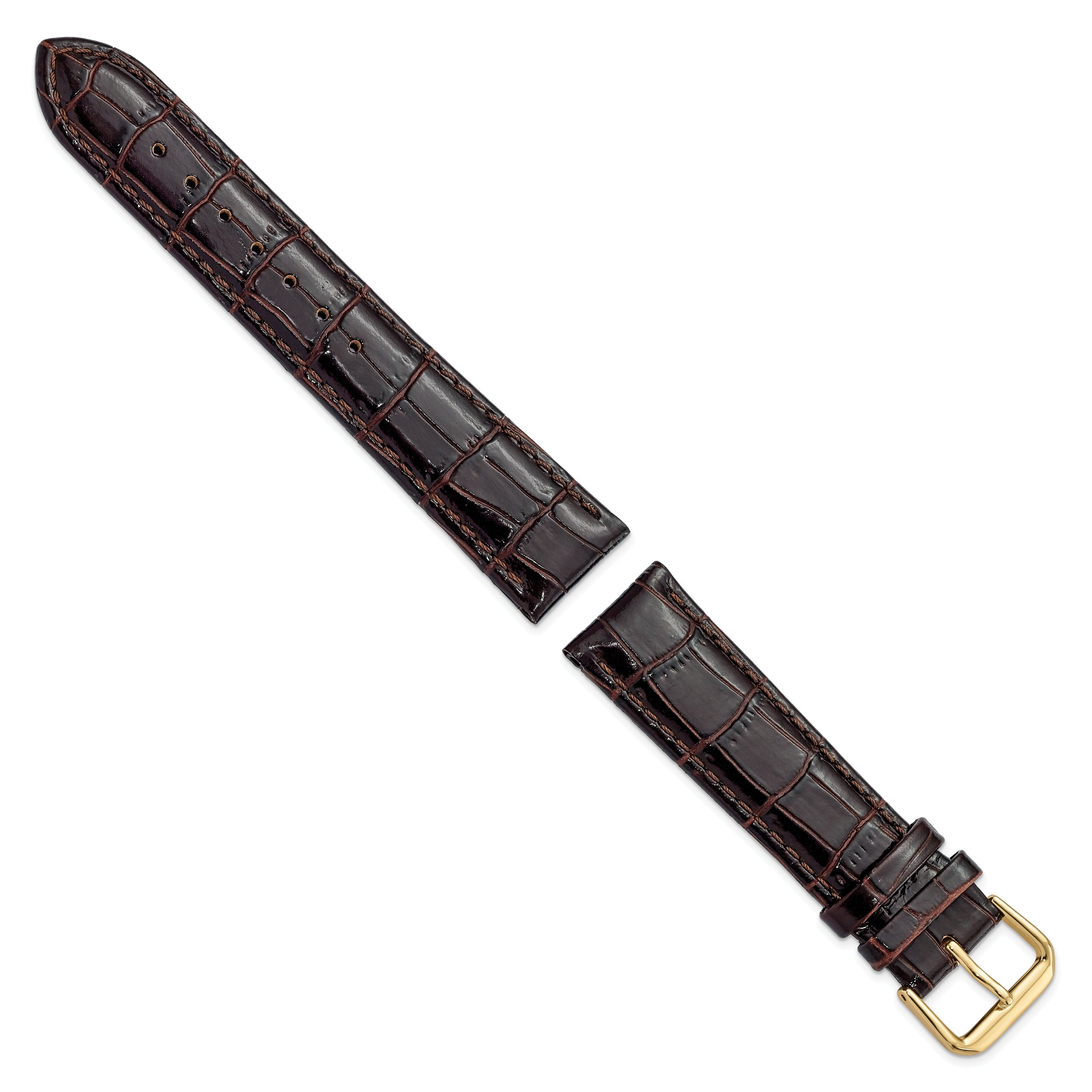 10mm Brown Crocodile Grain Leather with Dark Stitching and Gold-tone Buckle 6.75 inch Watch Band