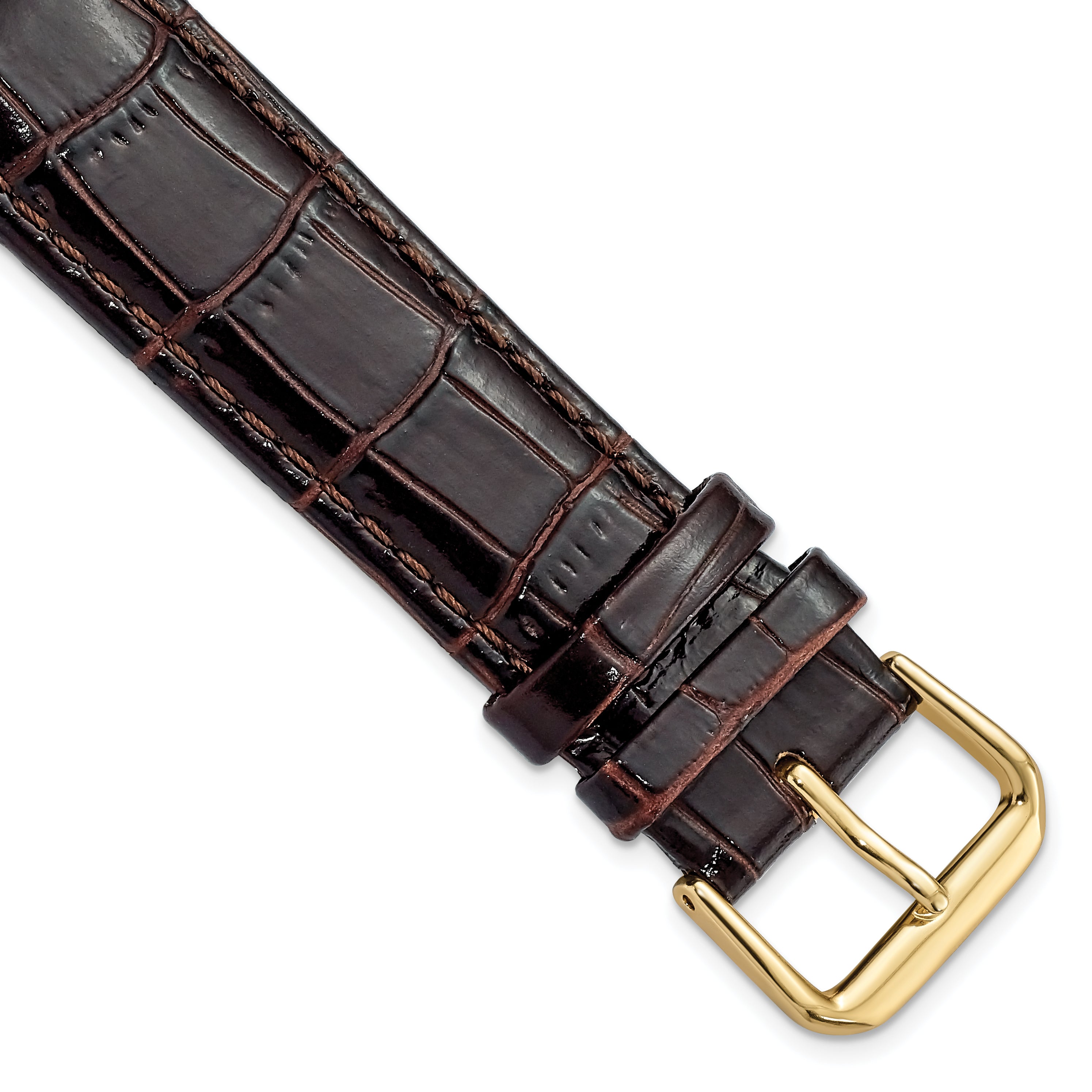 DeBeer 20mm Brown Crocodile Grain Leather with Dark Stitching and Gold-tone Buckle 7.5 inch Watch Band