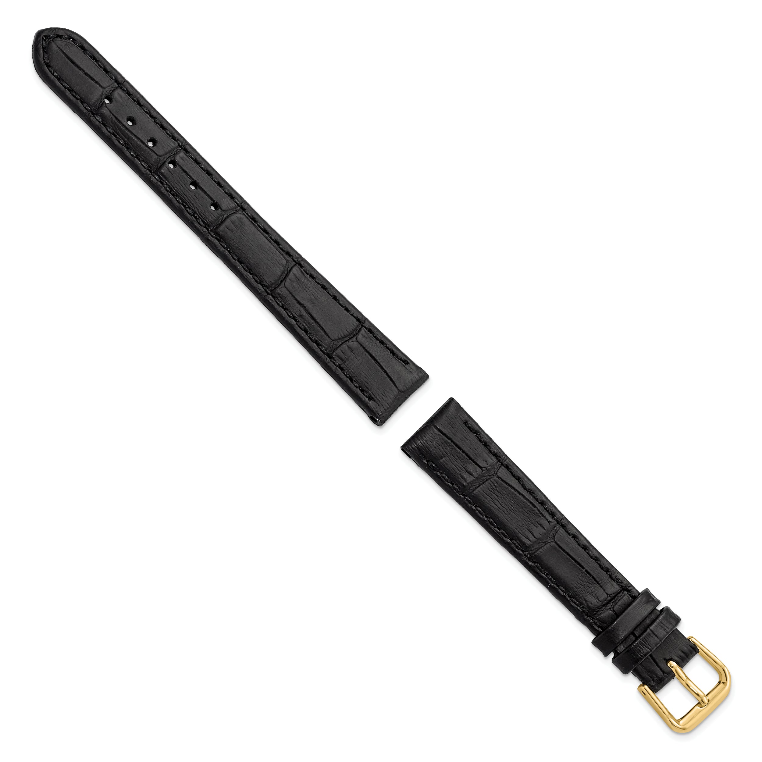12mm Black Matte Wild Alligator Grain Leather with Gold-tone Buckle 6.75 inch Watch Band - 12 / 6.75