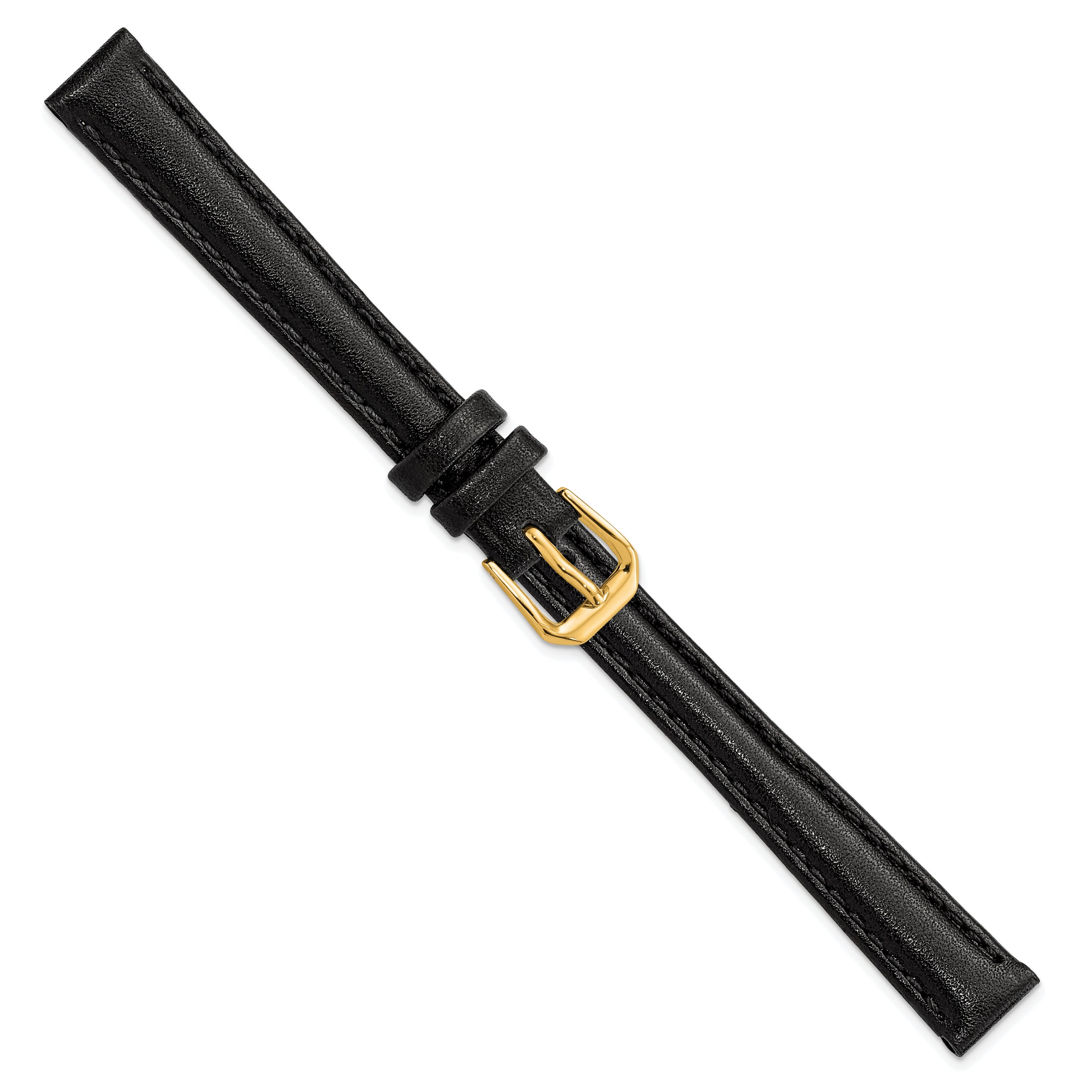 12mm Black Long Smooth Leather with Gold-tone Buckle 7.5 inch Watch Band