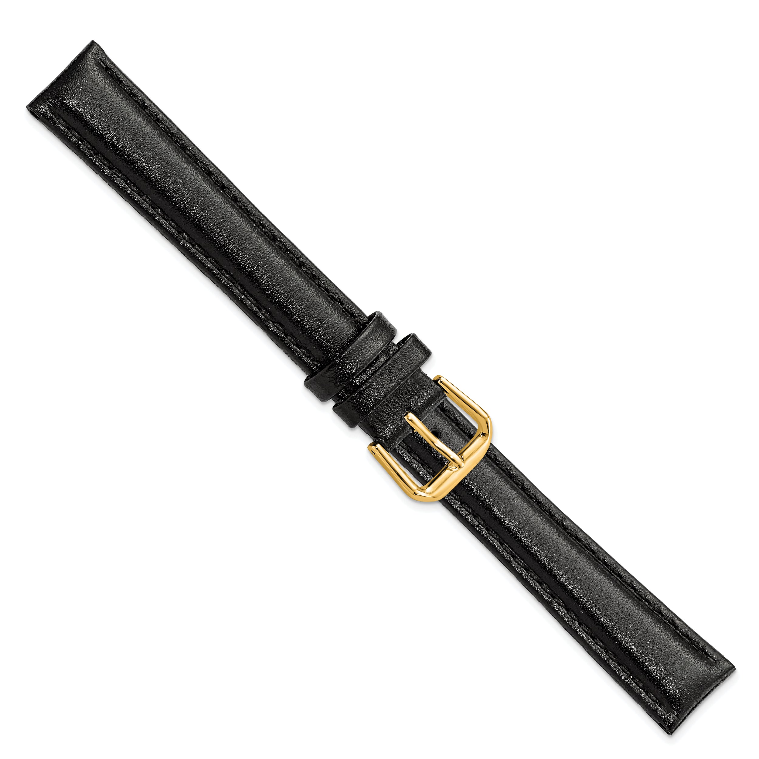 12mm Black Long Smooth Leather with Gold-tone Buckle 7.5 inch Watch Band