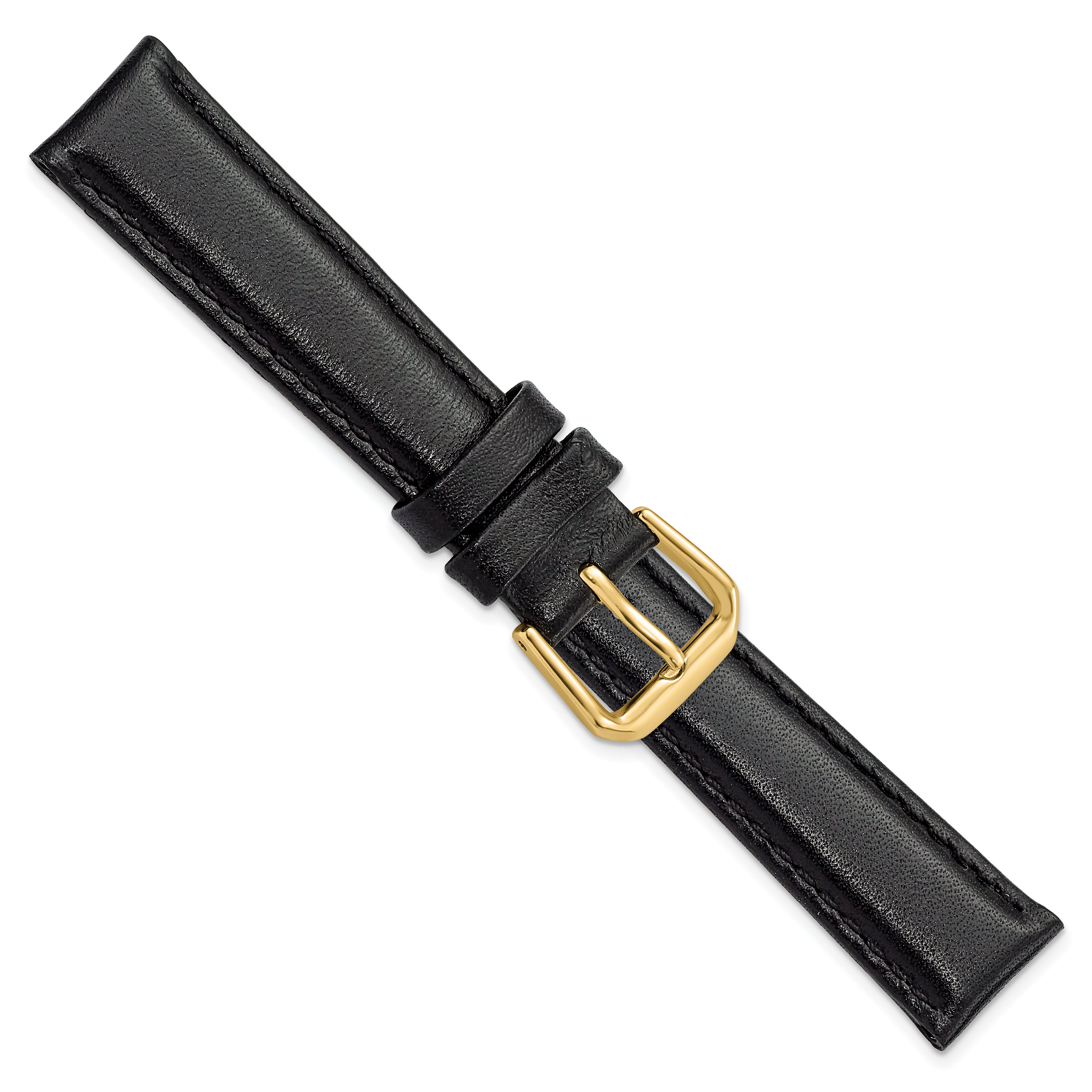 12mm Short Black Smooth Leather with Gold-tone Buckle 6.25 inch Watch Band