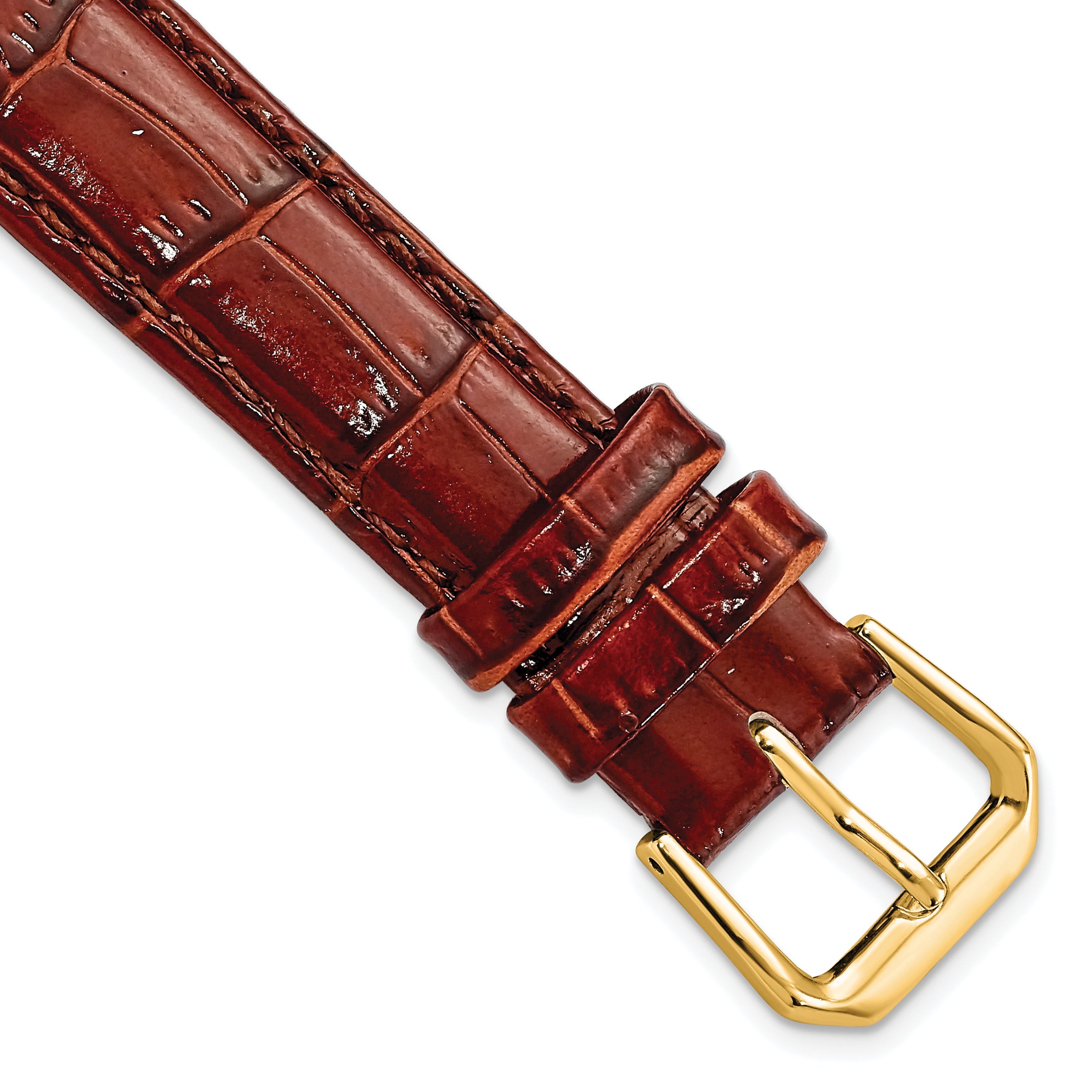 DeBeer 16mm Havana Crocodile Grain Leather with Dark Stitching and Gold-tone Buckle 7.5 inch Watch Band
