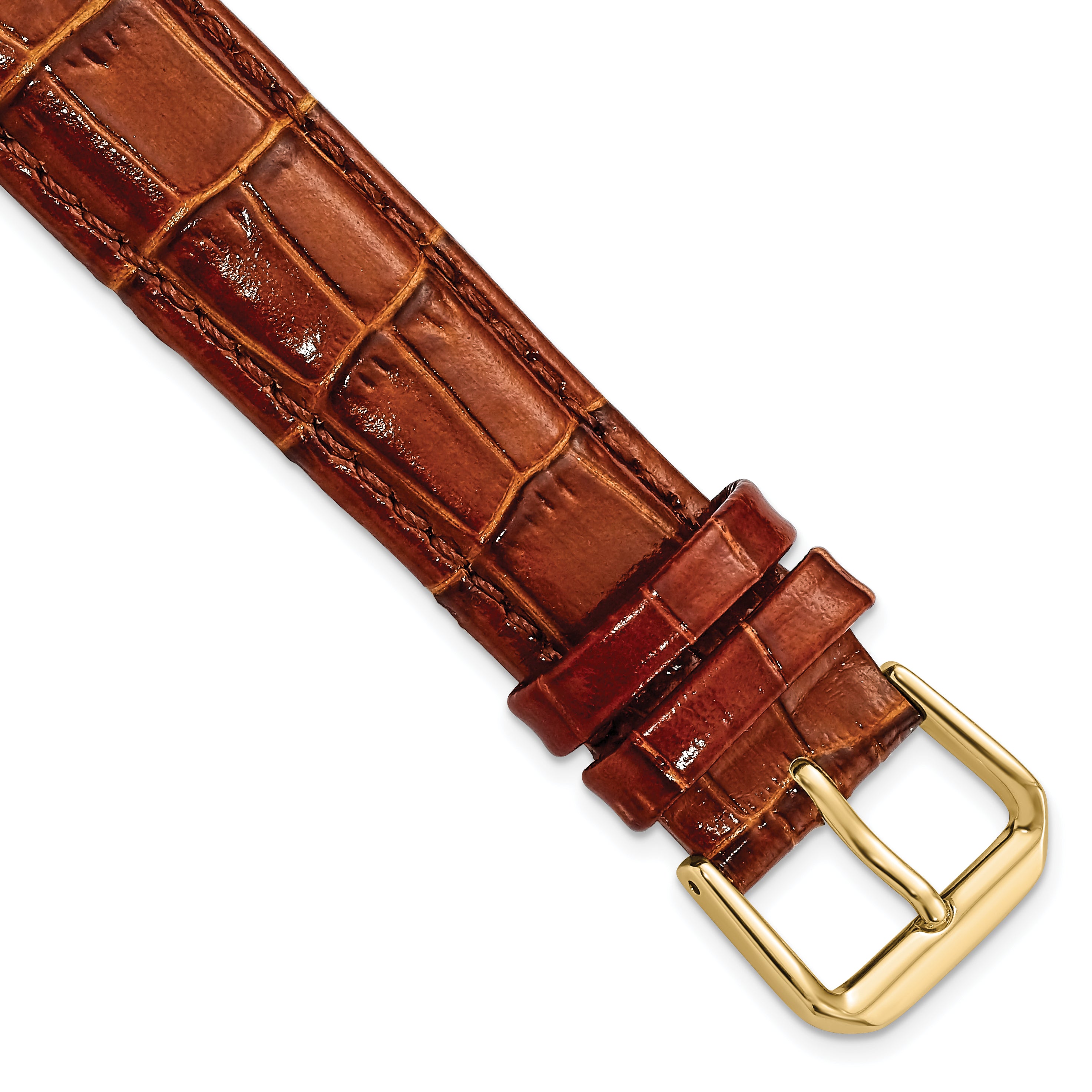 DeBeer 18mm Havana Crocodile Grain Leather with Dark Stitching and Gold-tone Buckle 7.5 inch Watch Band