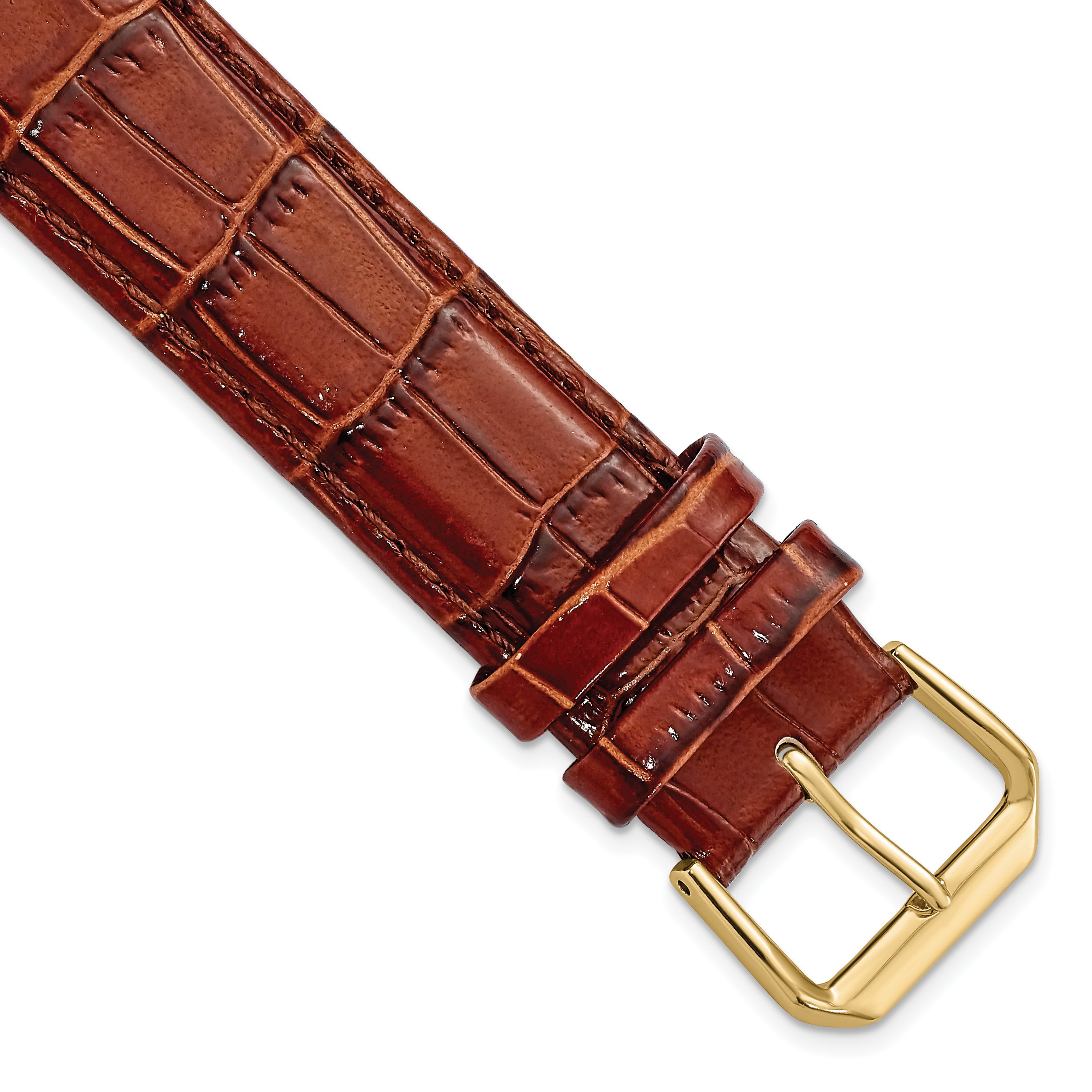 DeBeer 19mm Havana Crocodile Grain Leather with Dark Stitching and Gold-tone Buckle 7.5 inch Watch Band