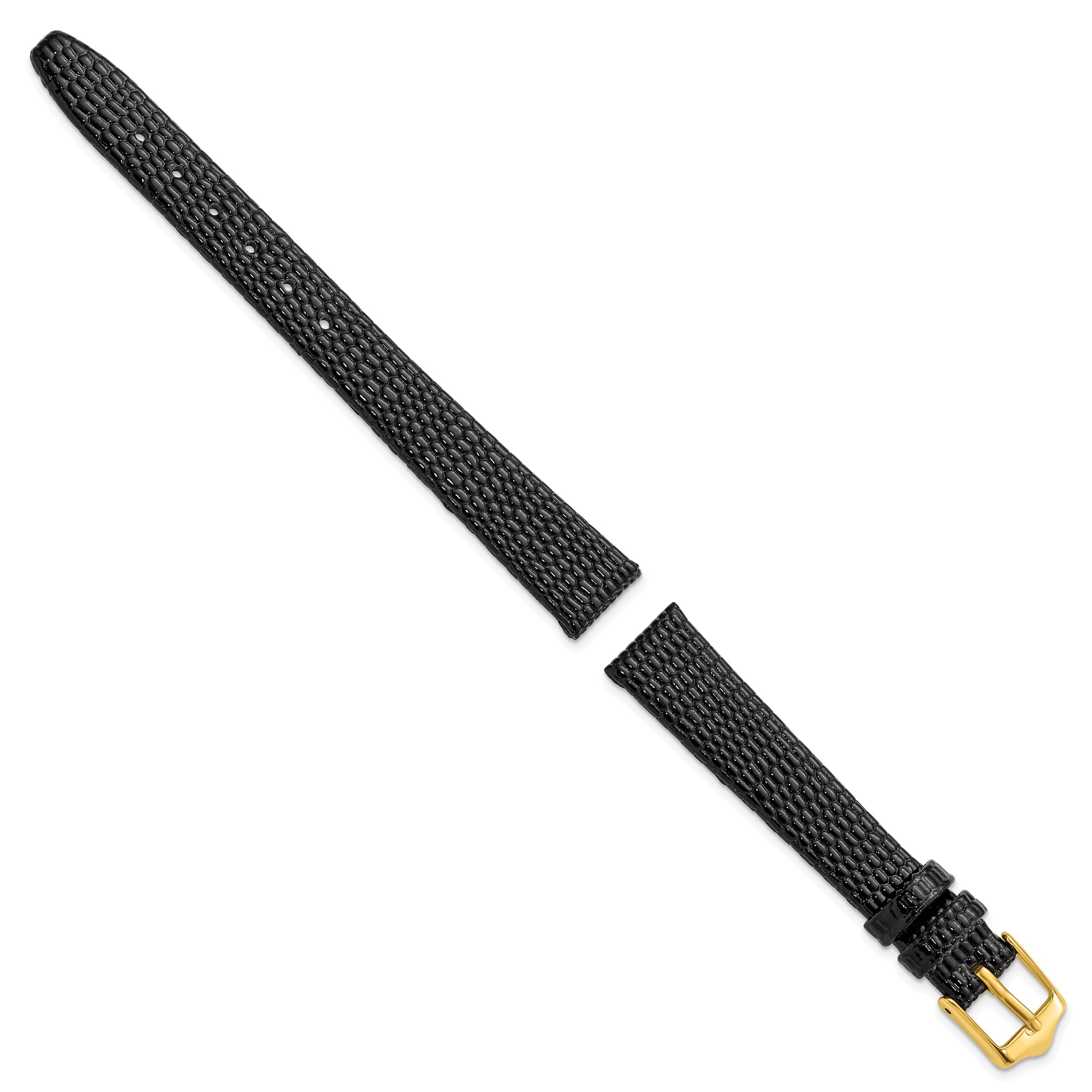 12mm Flat Black Lizard Grain Leather with Gold-tone Buckle 6.75 inch Watch Band
