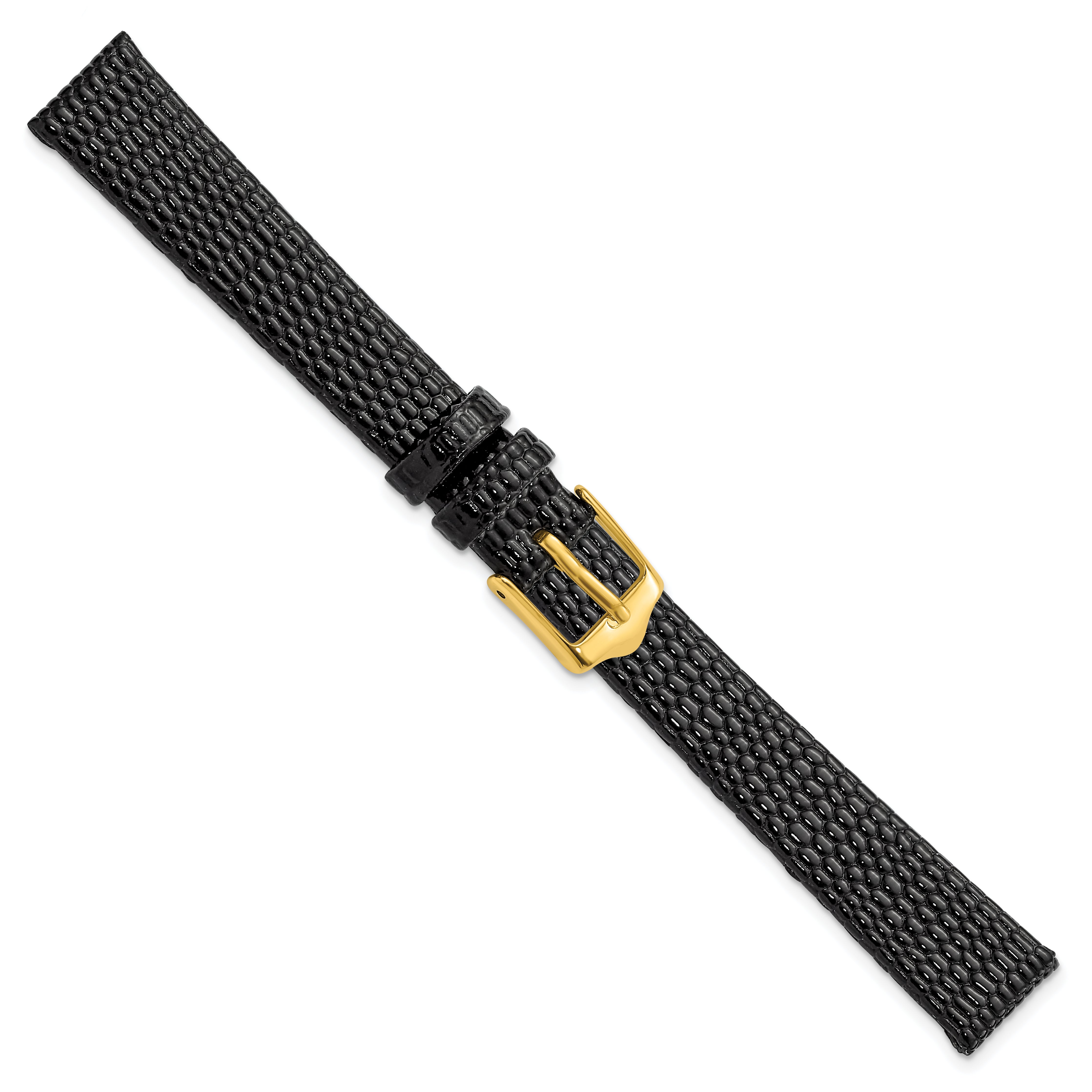 12mm Flat Black Lizard Grain Leather with Gold-tone Buckle 6.75 inch Watch Band