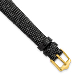 DeBeer 12mm Flat Black Lizard Grain Leather with Gold-tone Buckle 6.75 inch Watch Band
