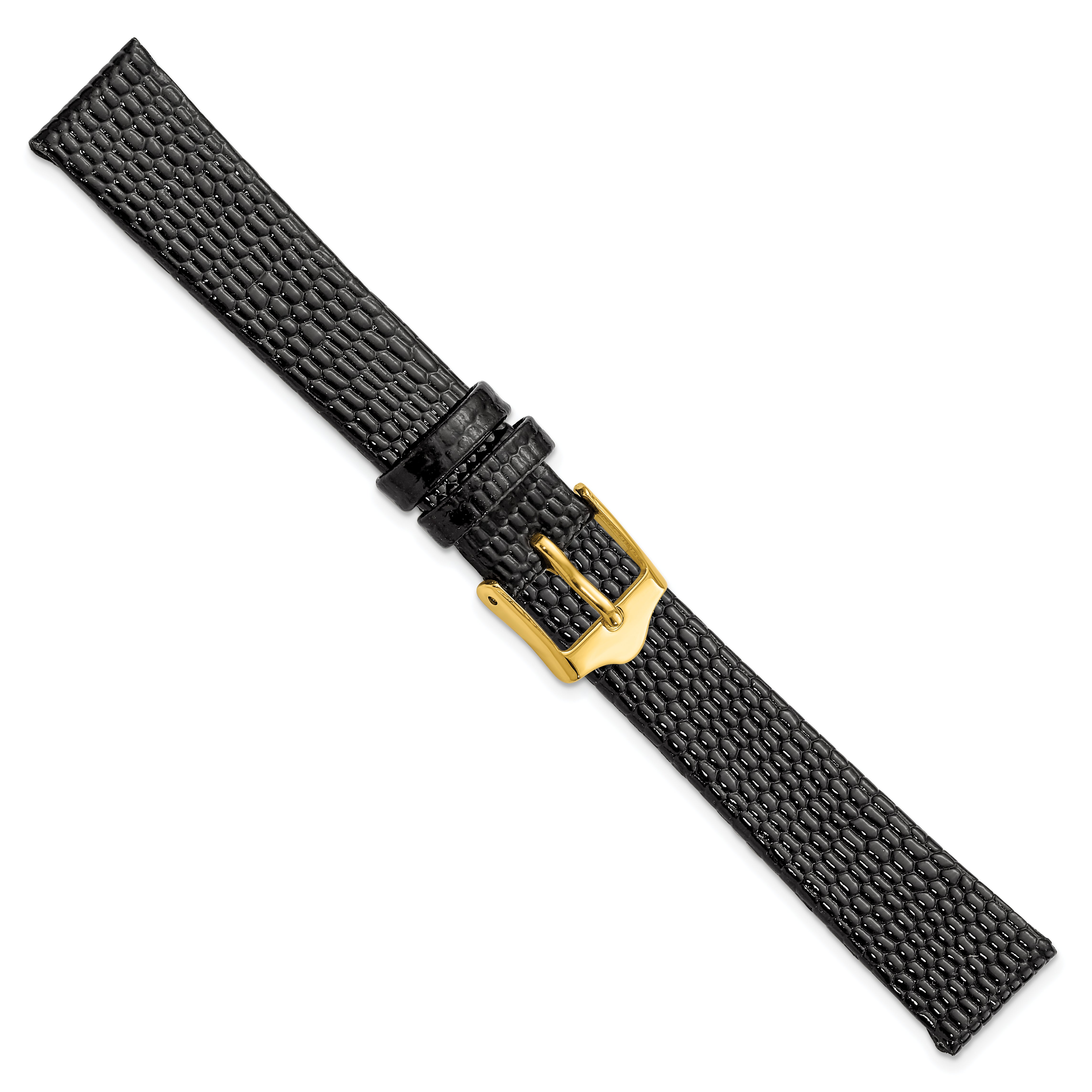 12mm Flat Black Lizard Grain Leather with Gold-tone Buckle 6.75 inch Watch Band