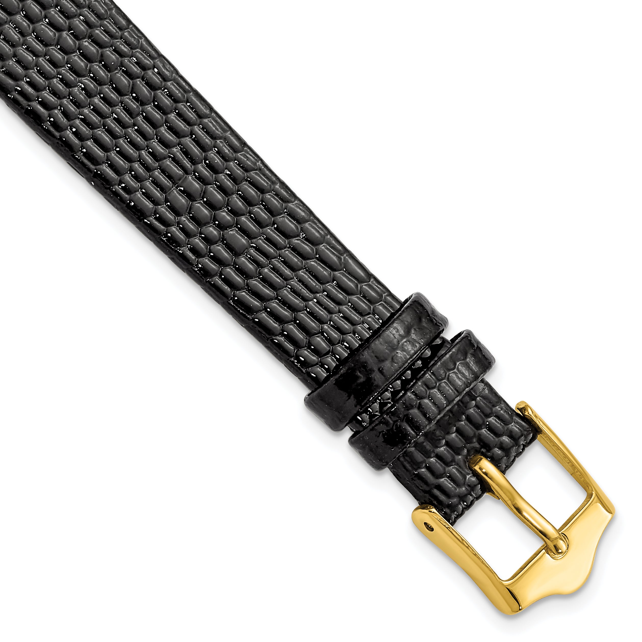DeBeer 14mm Flat Black Lizard Grain Leather with Gold-tone Buckle 6.75 inch Watch Band