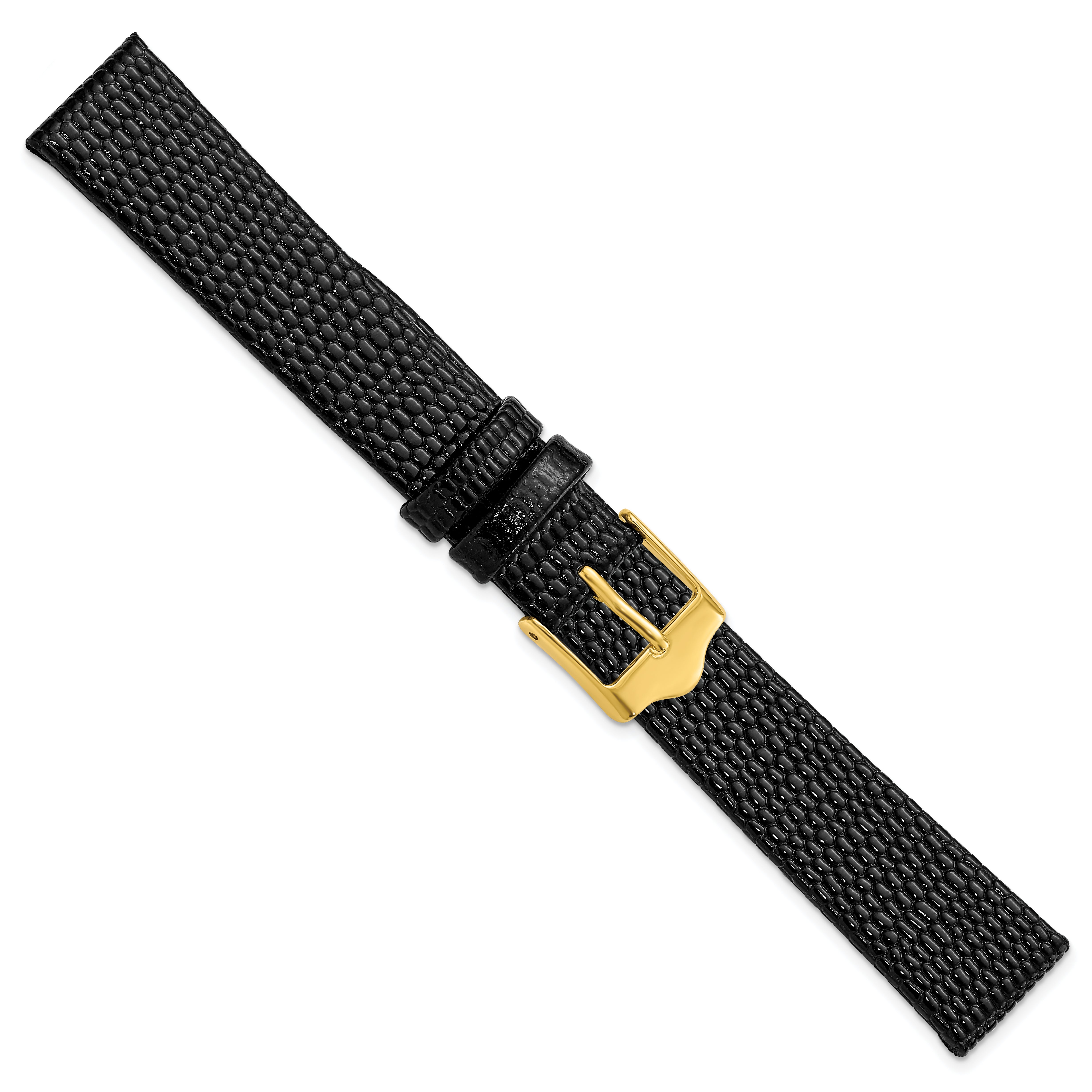 12mm Flat Black Lizard Grain Leather with Gold-tone Buckle 6.75 inch Watch Band