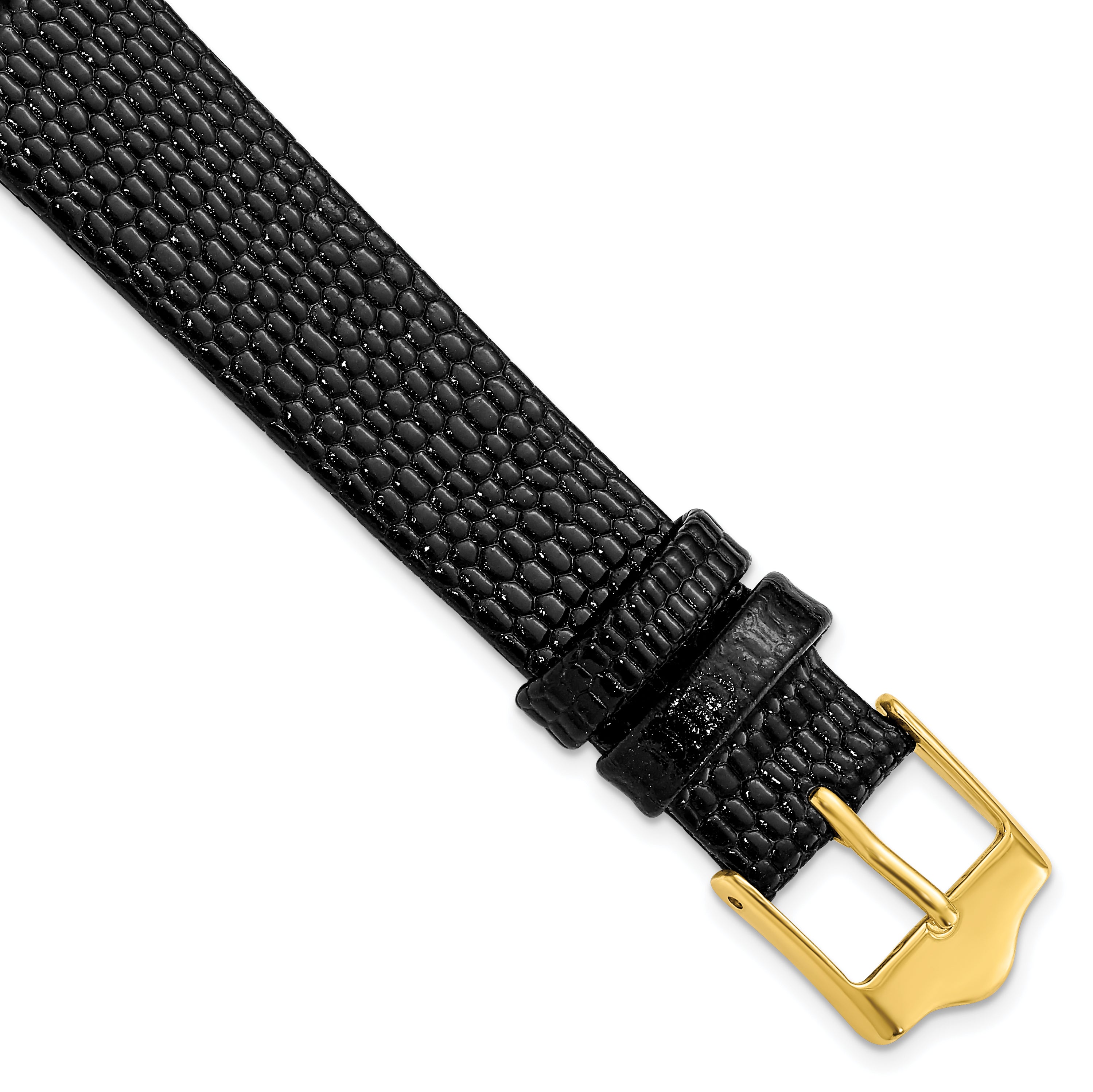 DeBeer 16mm Flat Black Lizard Grain Leather with Gold-tone Buckle 7.5 inch Watch Band
