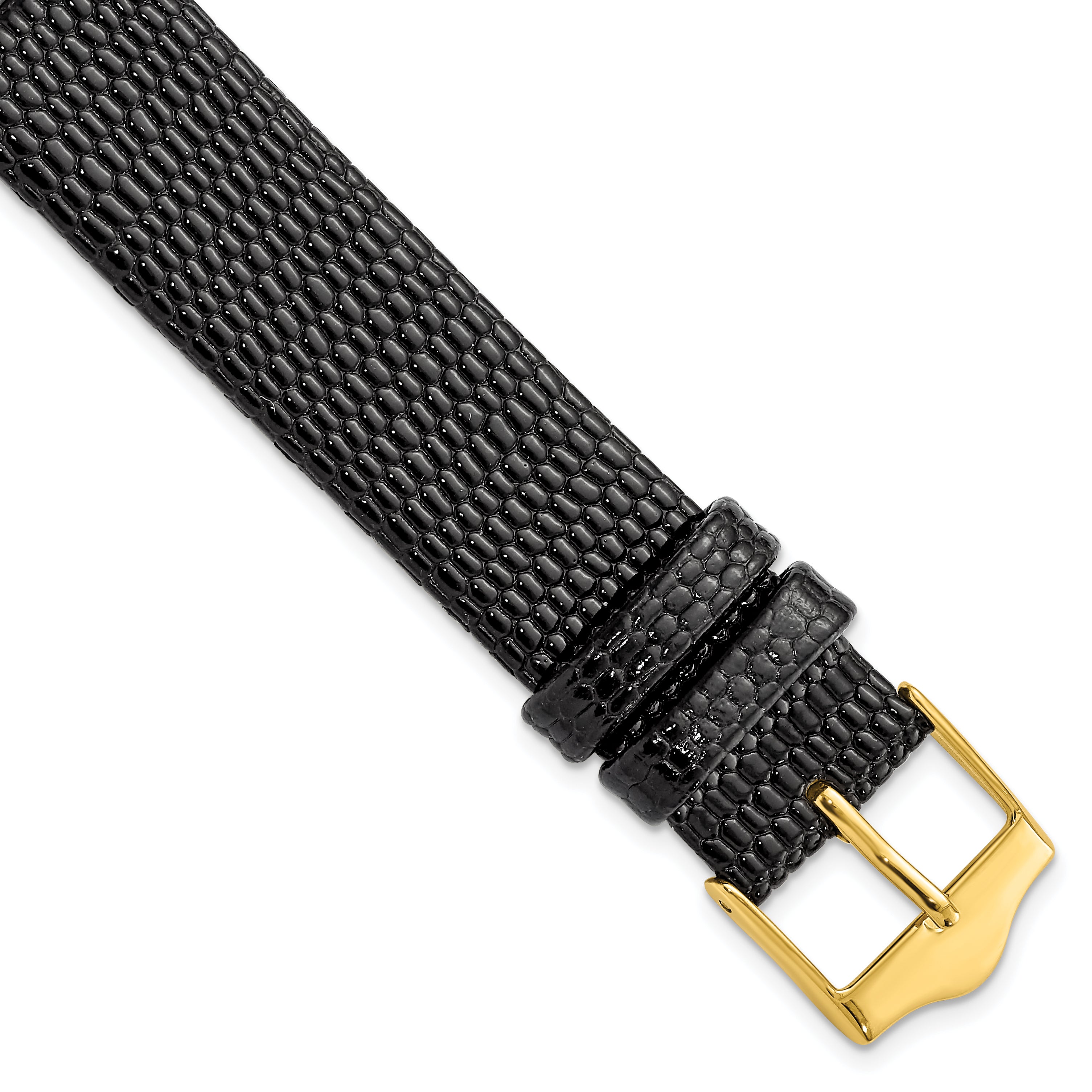 DeBeer 17mm Flat Black Lizard Grain Leather with Gold-tone Buckle 7.5 inch Watch Band