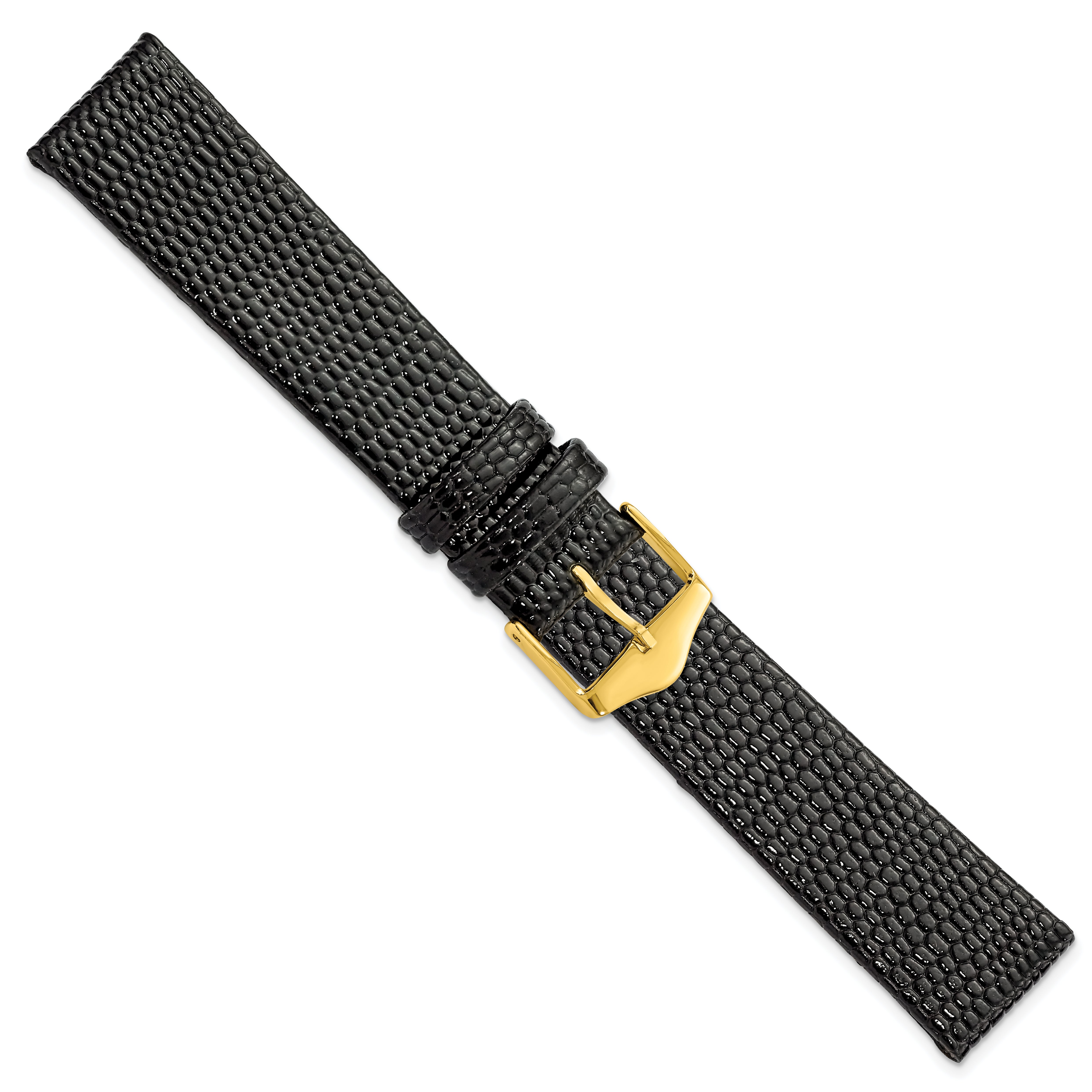 12mm Flat Black Lizard Grain Leather with Gold-tone Buckle 6.75 inch Watch Band
