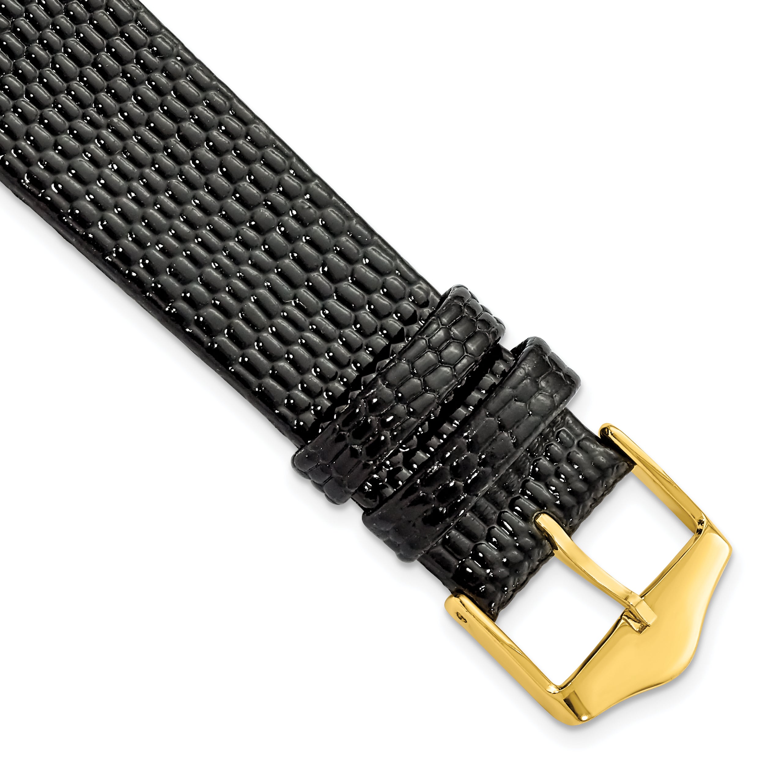 DeBeer 18mm Flat Black Lizard Grain Leather with Gold-tone Buckle 7.5 inch Watch Band