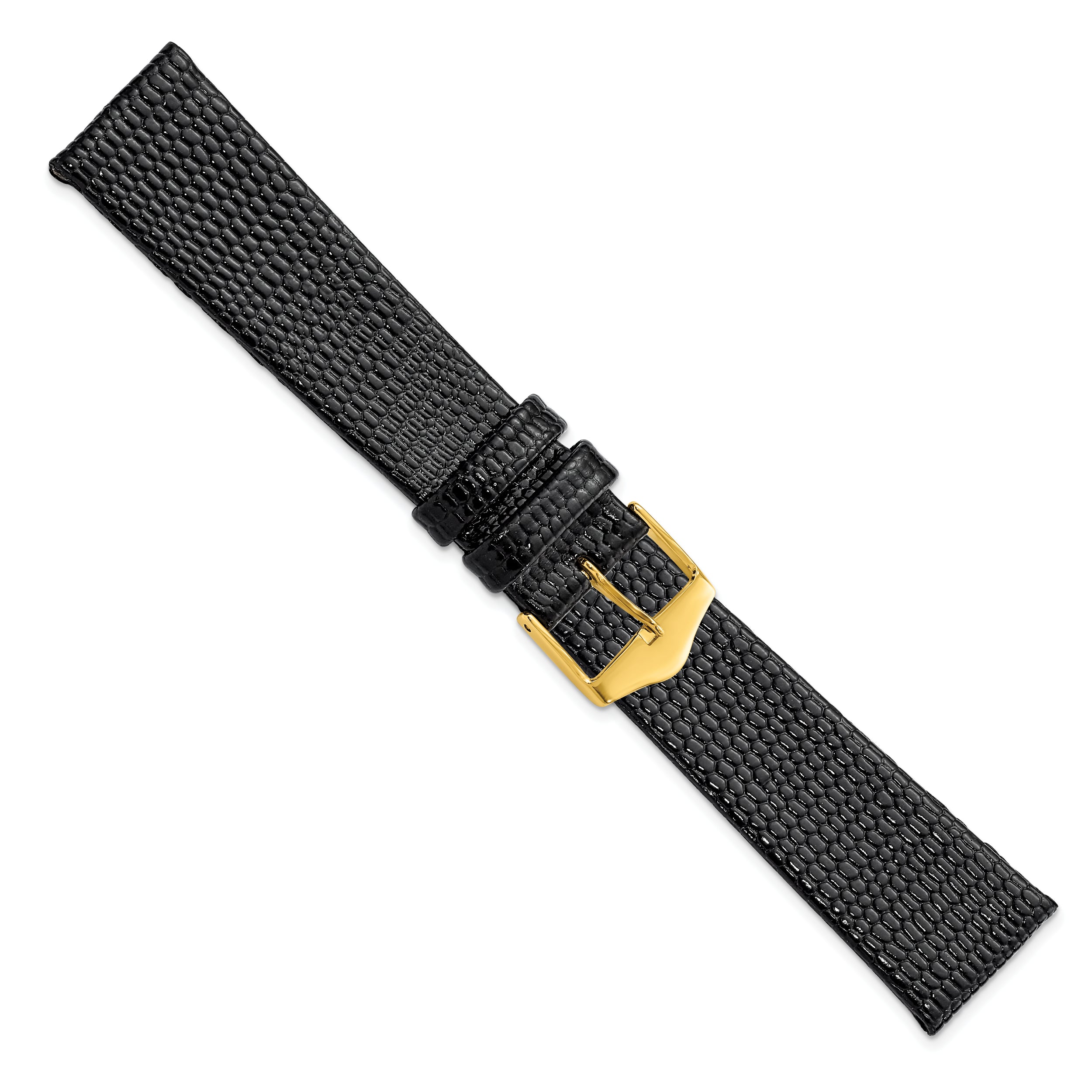 12mm Flat Black Lizard Grain Leather with Gold-tone Buckle 6.75 inch Watch Band