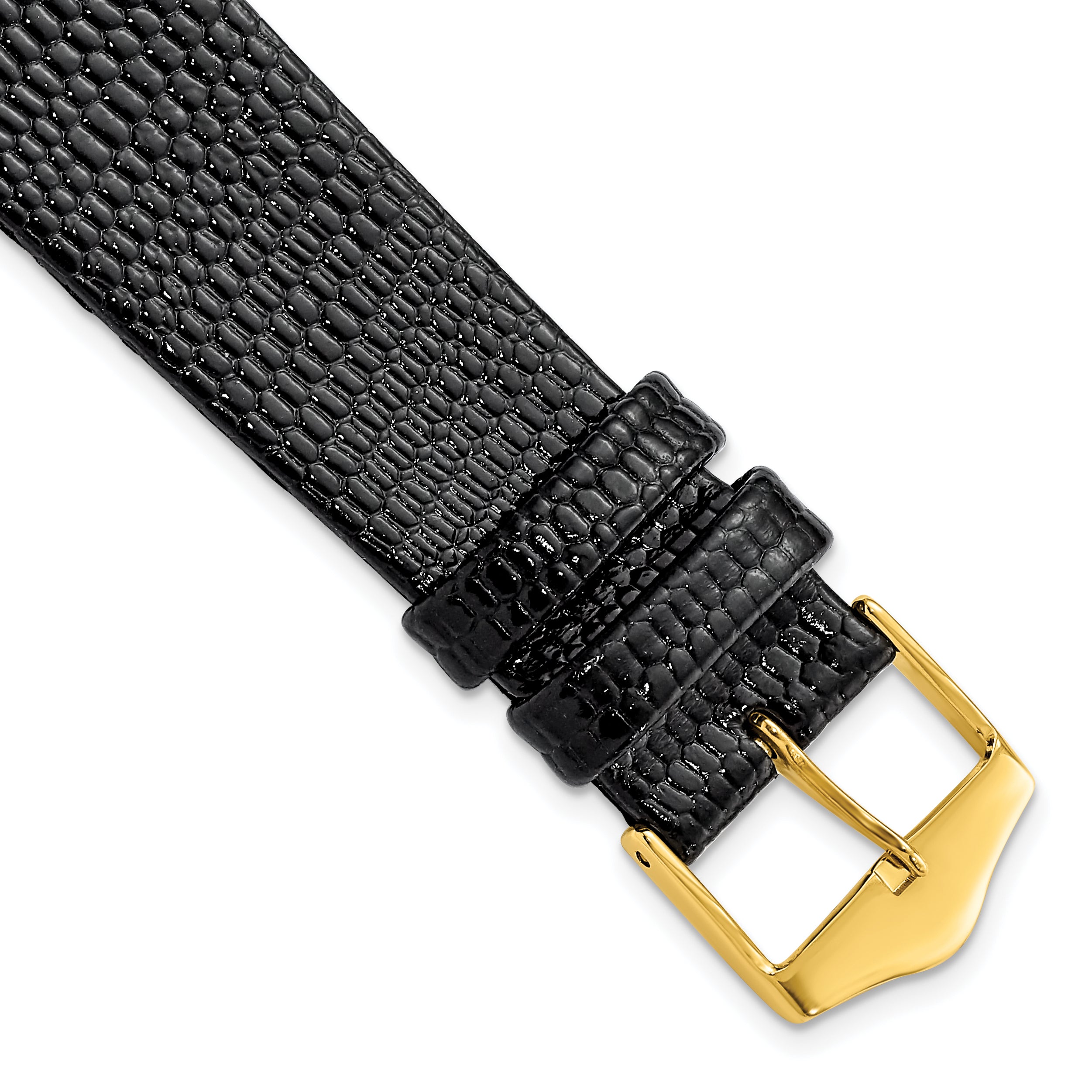 DeBeer 19mm Flat Black Lizard Grain Leather with Gold-tone Buckle 7.5 inch Watch Band
