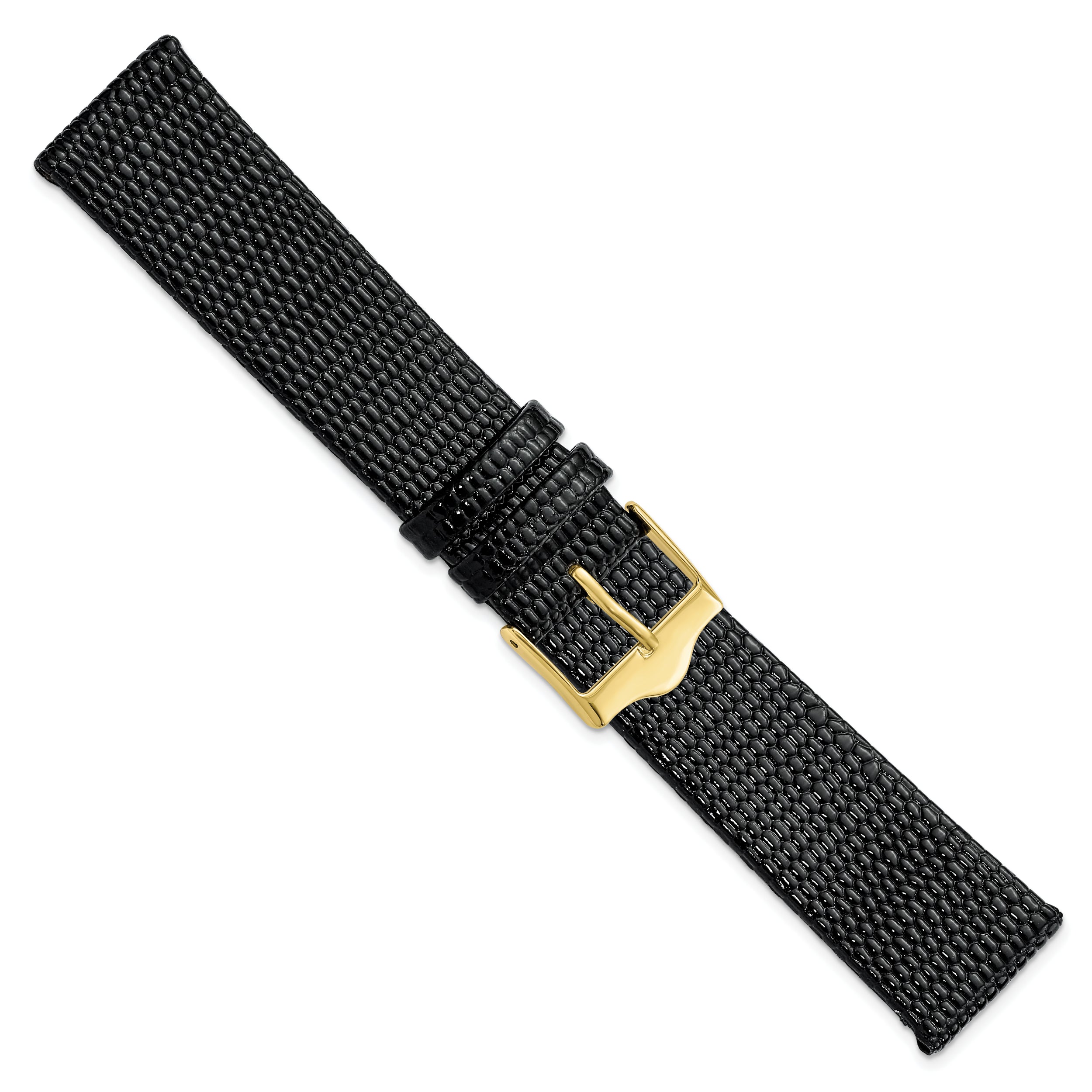 12mm Flat Black Lizard Grain Leather with Gold-tone Buckle 6.75 inch Watch Band