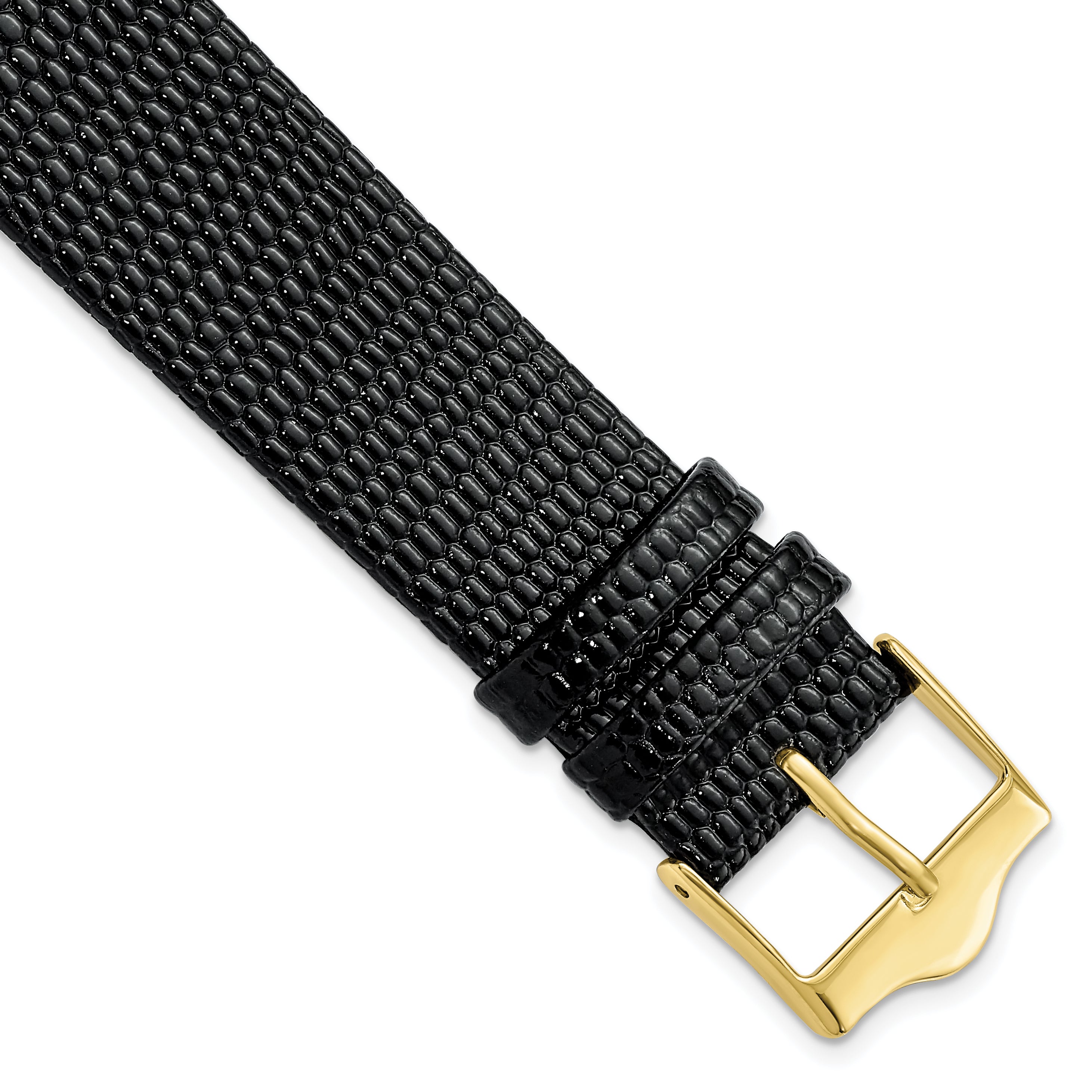 DeBeer 20mm Flat Black Lizard Grain Leather with Gold-tone Buckle 7.5 inch Watch Band