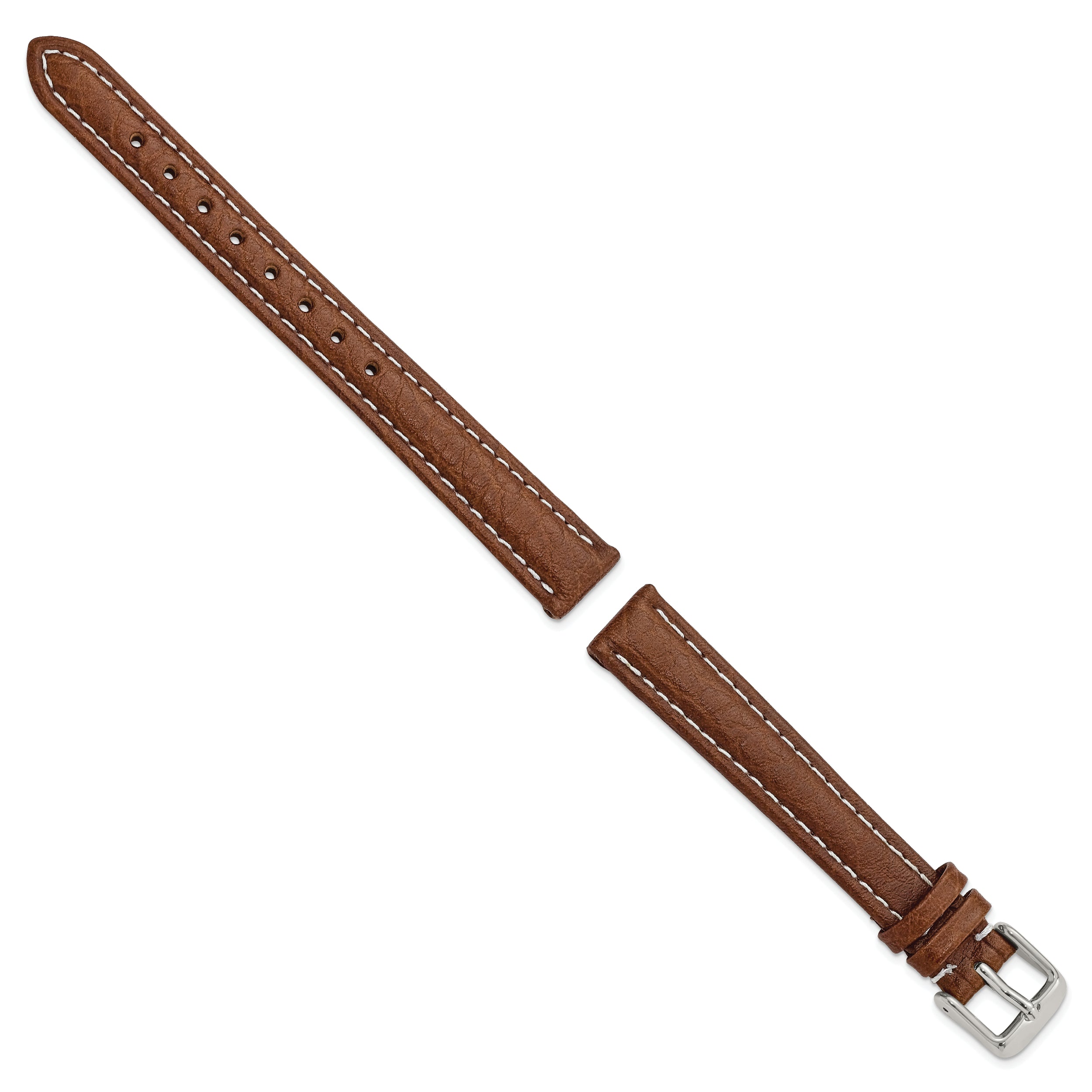 12mm Havana Sport Leather with White Stitching and Silver-tone Buckle 6.75 inch Watch Band