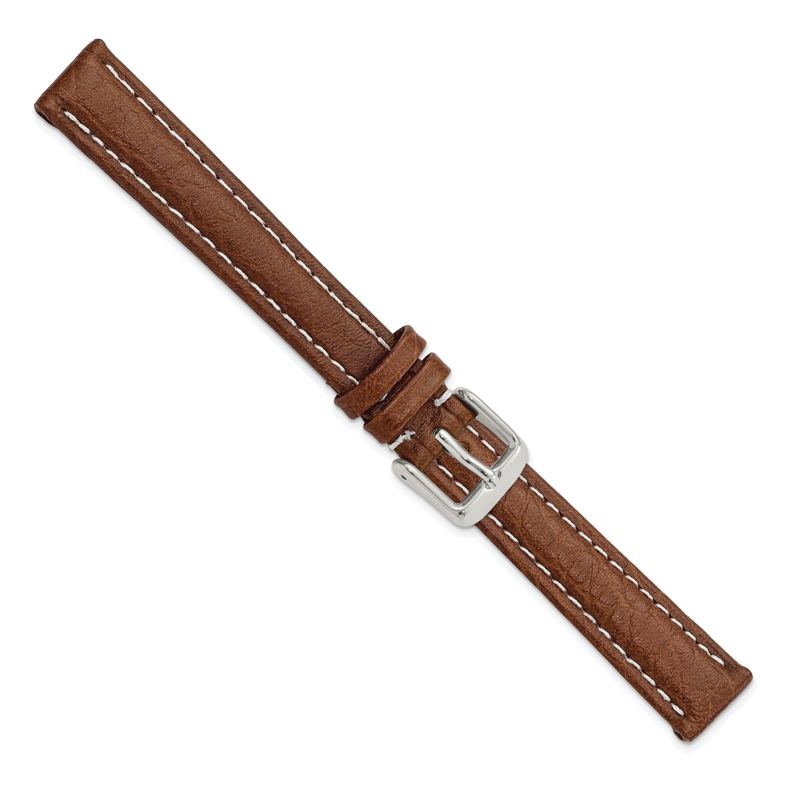 12mm Havana Sport Leather with White Stitching and Silver-tone Buckle 6.75 inch Watch Band