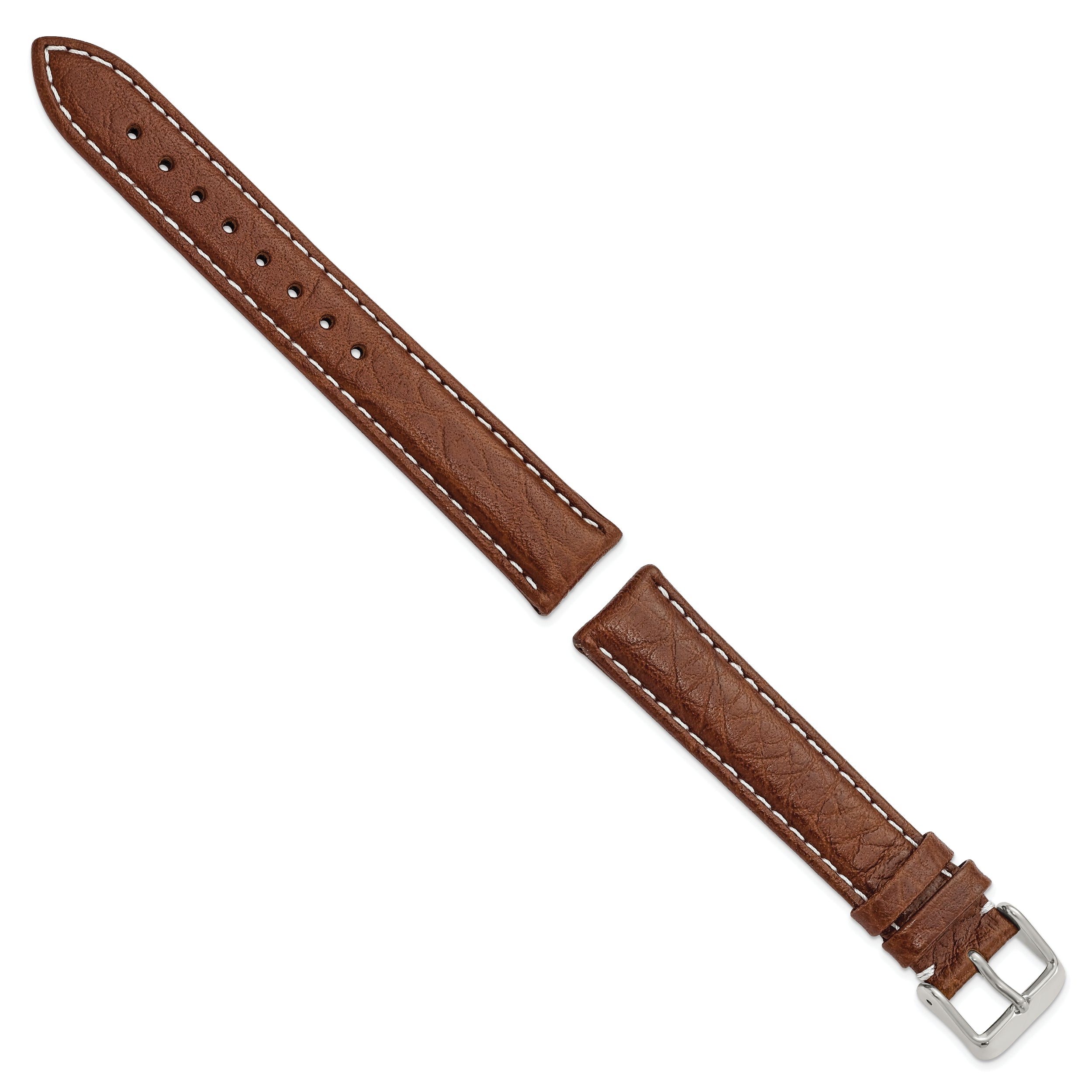 12mm Havana Sport Leather with White Stitching and Silver-tone Buckle 6.75 inch Watch Band