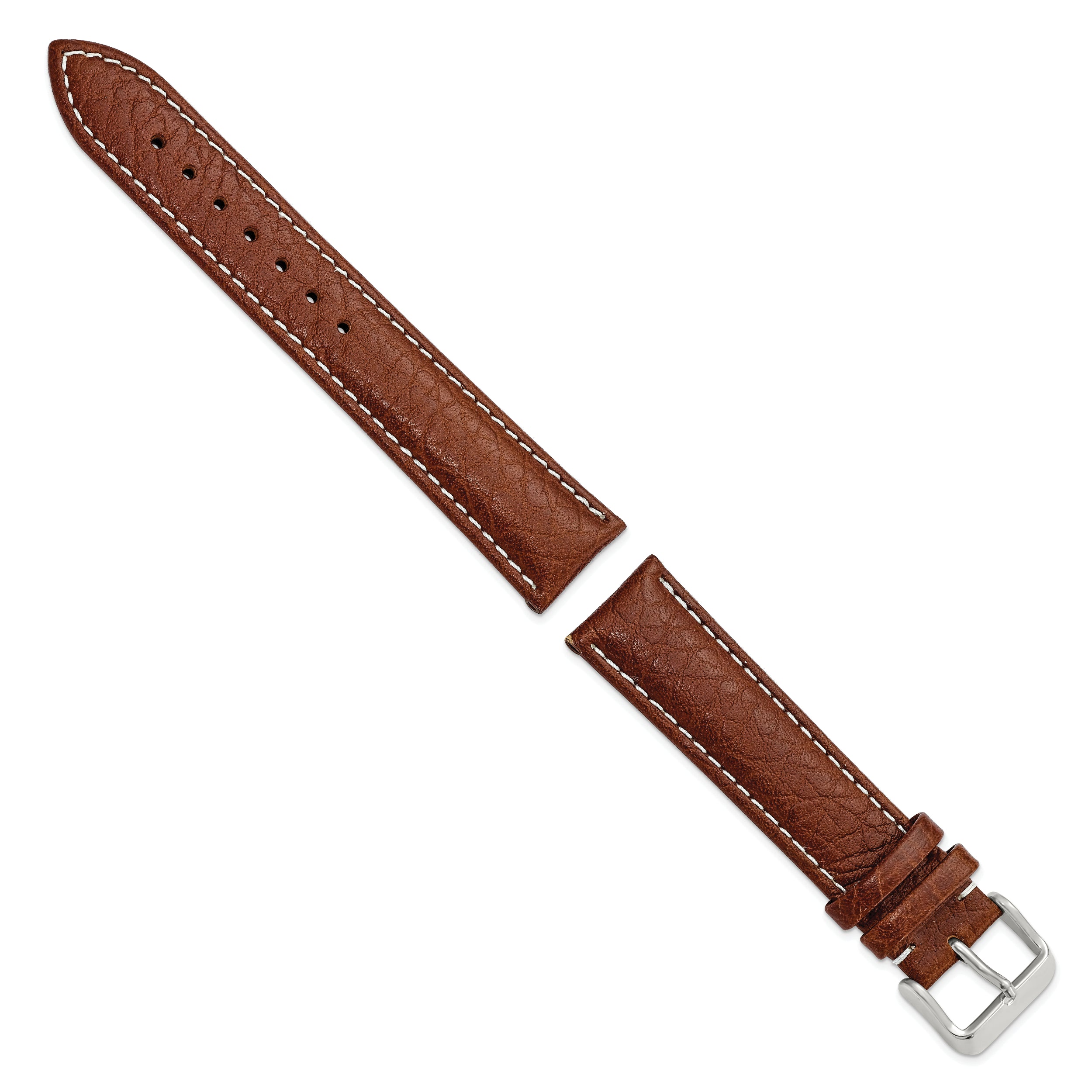 12mm Havana Sport Leather with White Stitching and Silver-tone Buckle 6.75 inch Watch Band