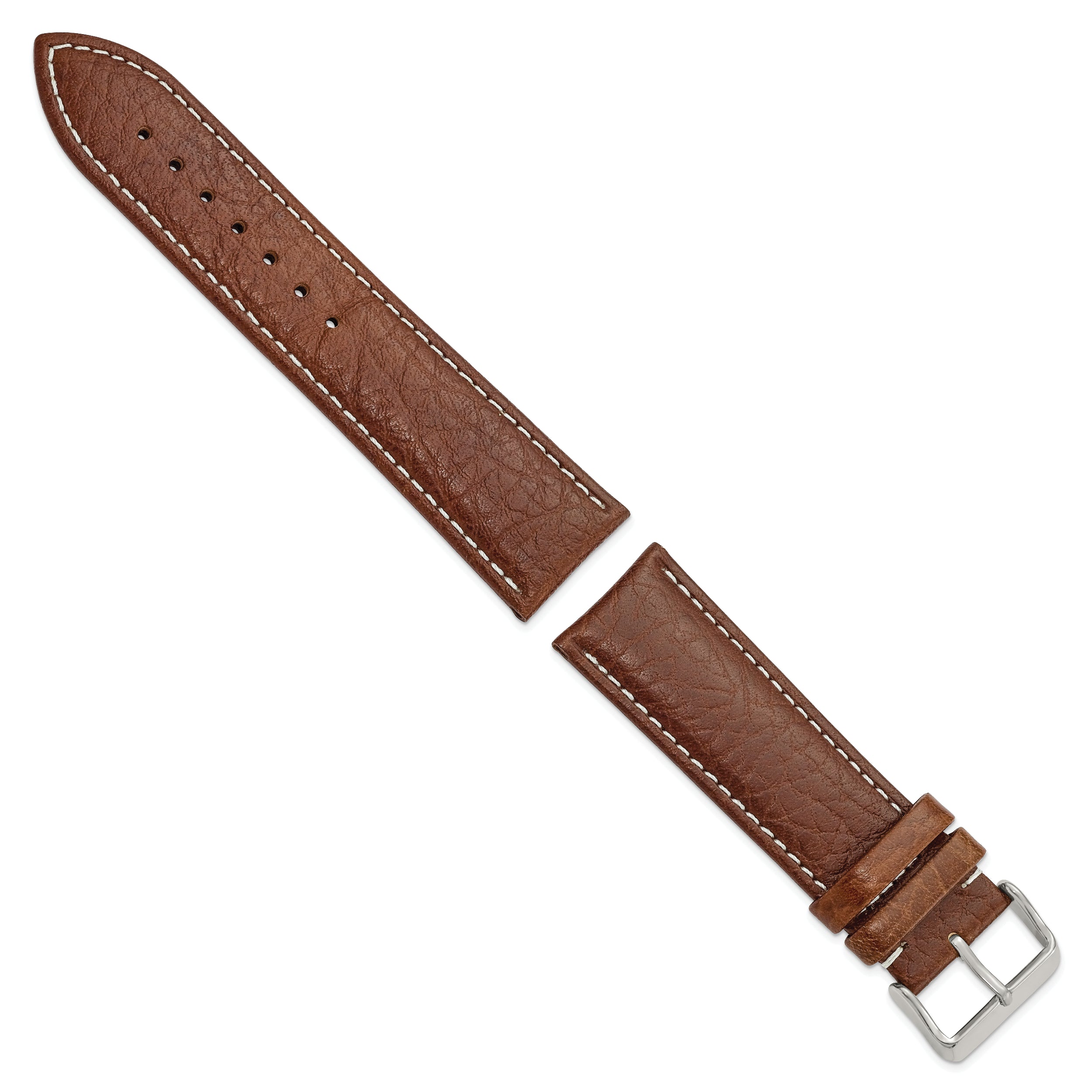 12mm Havana Sport Leather with White Stitching and Silver-tone Buckle 6.75 inch Watch Band