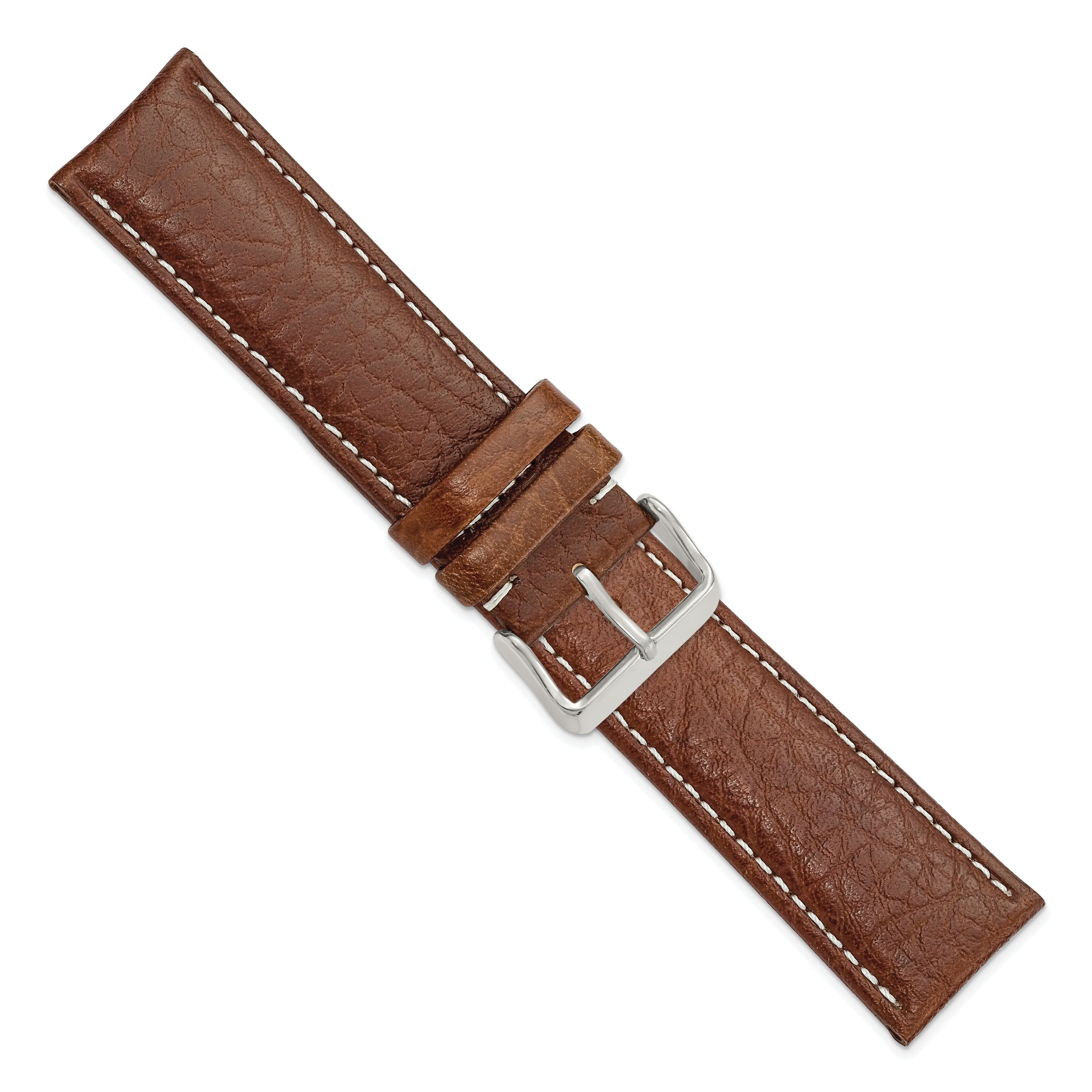 12mm Havana Sport Leather with White Stitching and Silver-tone Buckle 6.75 inch Watch Band