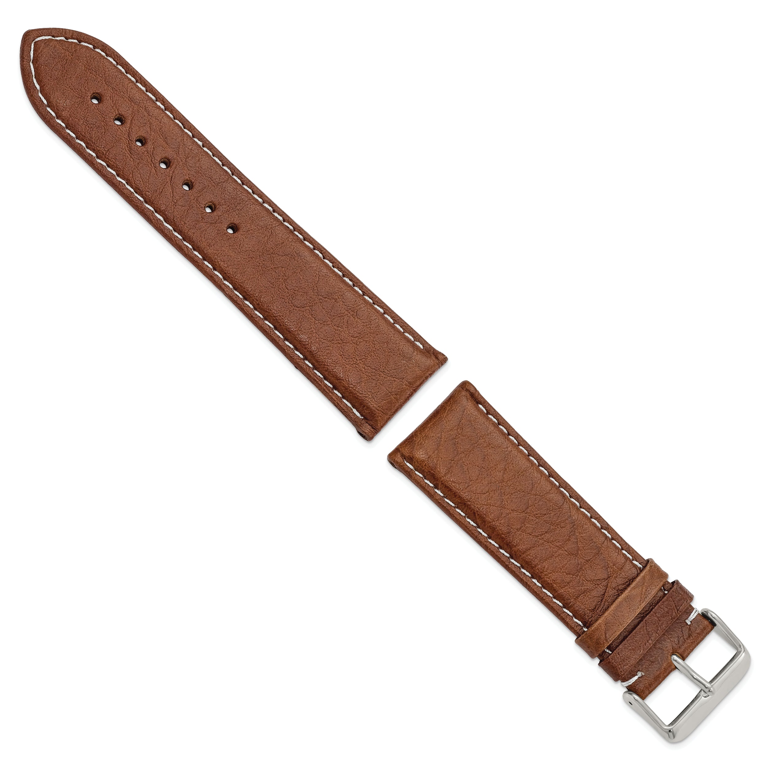 12mm Havana Sport Leather with White Stitching and Silver-tone Buckle 6.75 inch Watch Band