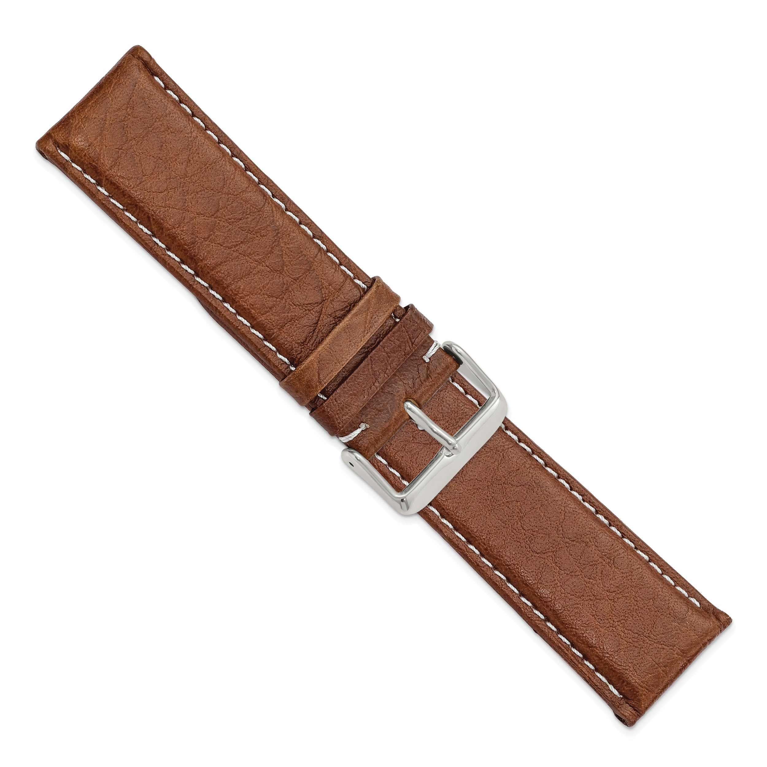 12mm Havana Sport Leather with White Stitching and Silver-tone Buckle 6.75 inch Watch Band