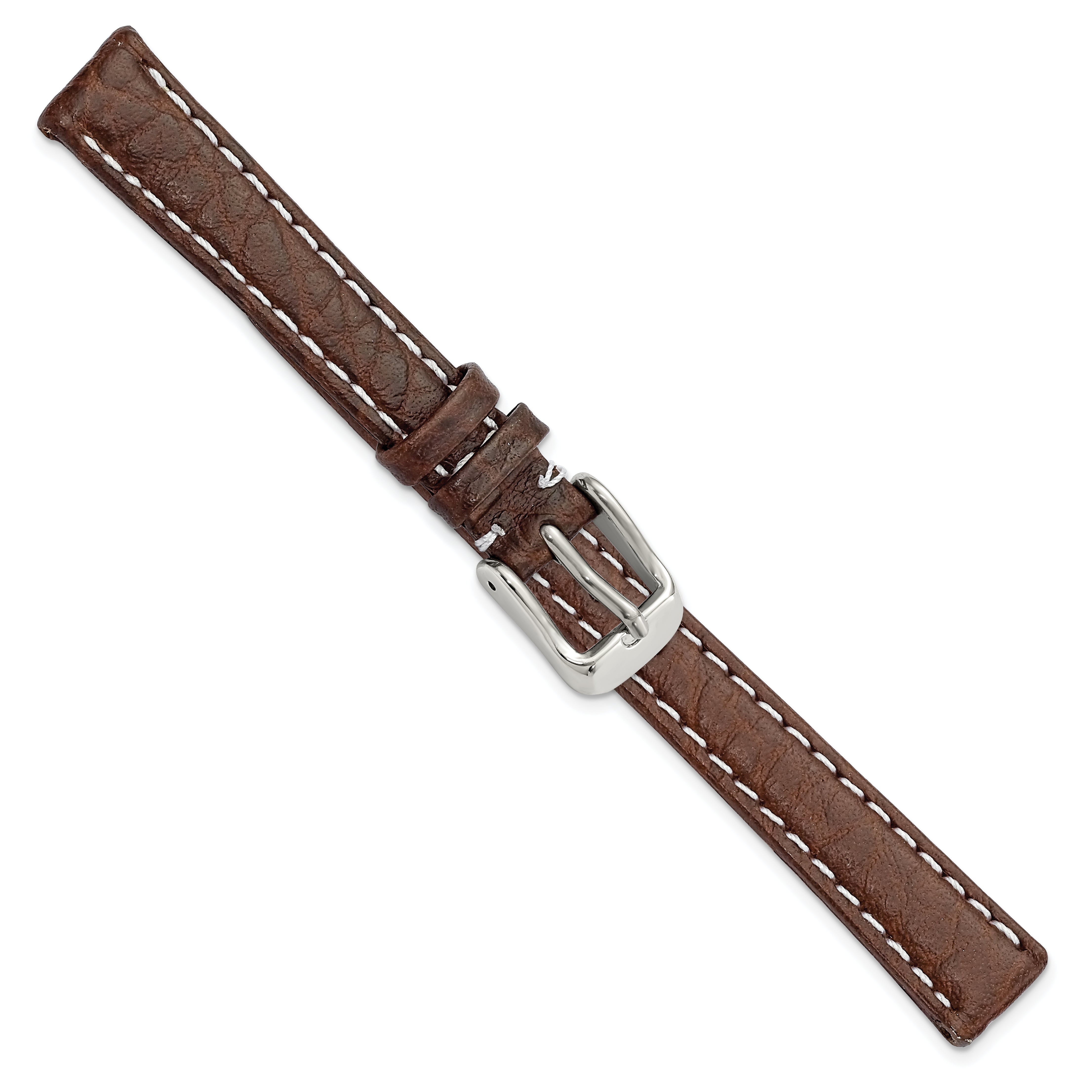 12mm Dark Brown Sport Leather with White Stitching and Silver-tone Buckle 6.75 inch Watch Band