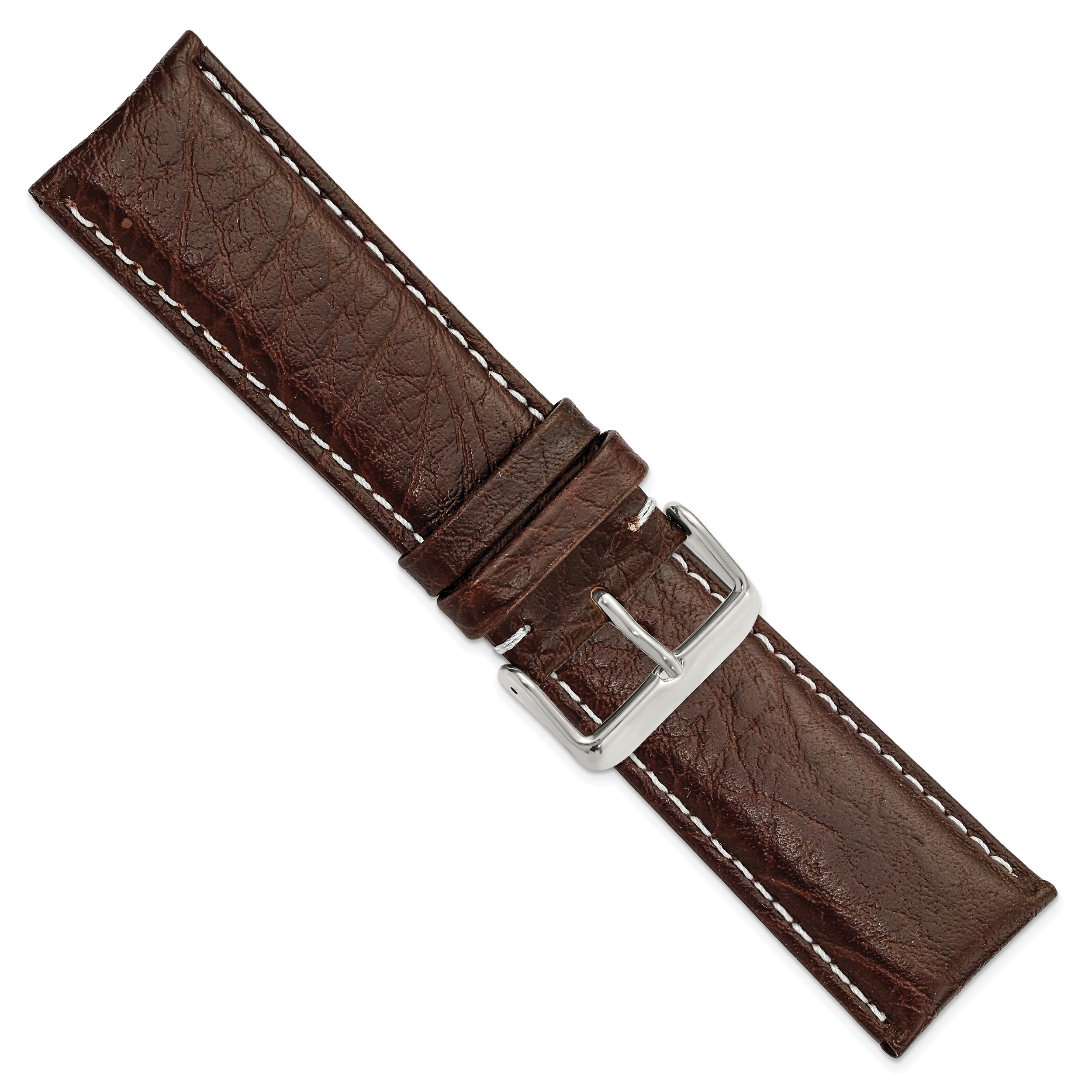 12mm Dark Brown Sport Leather with White Stitching and Silver-tone Buckle 6.75 inch Watch Band