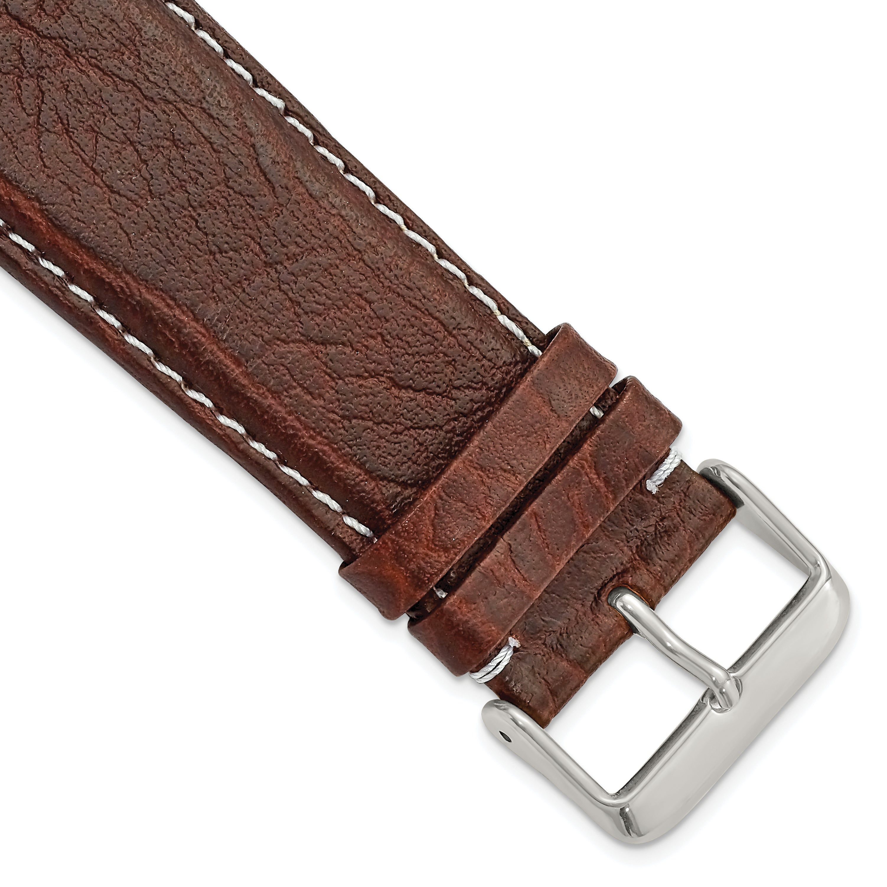 DeBeer 28mm Dark Brown Sport Leather with White Stitching and Silver-tone Buckle 7.5 inch Watch Band