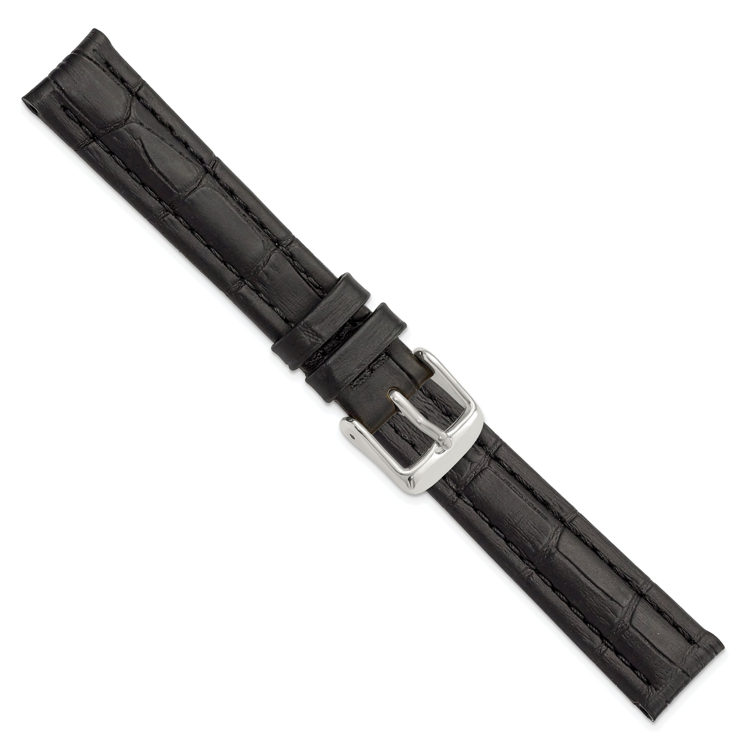 14mm Black Matte Alligator Grain Leather with Silver-tone Buckle 6.75 inch Watch Band