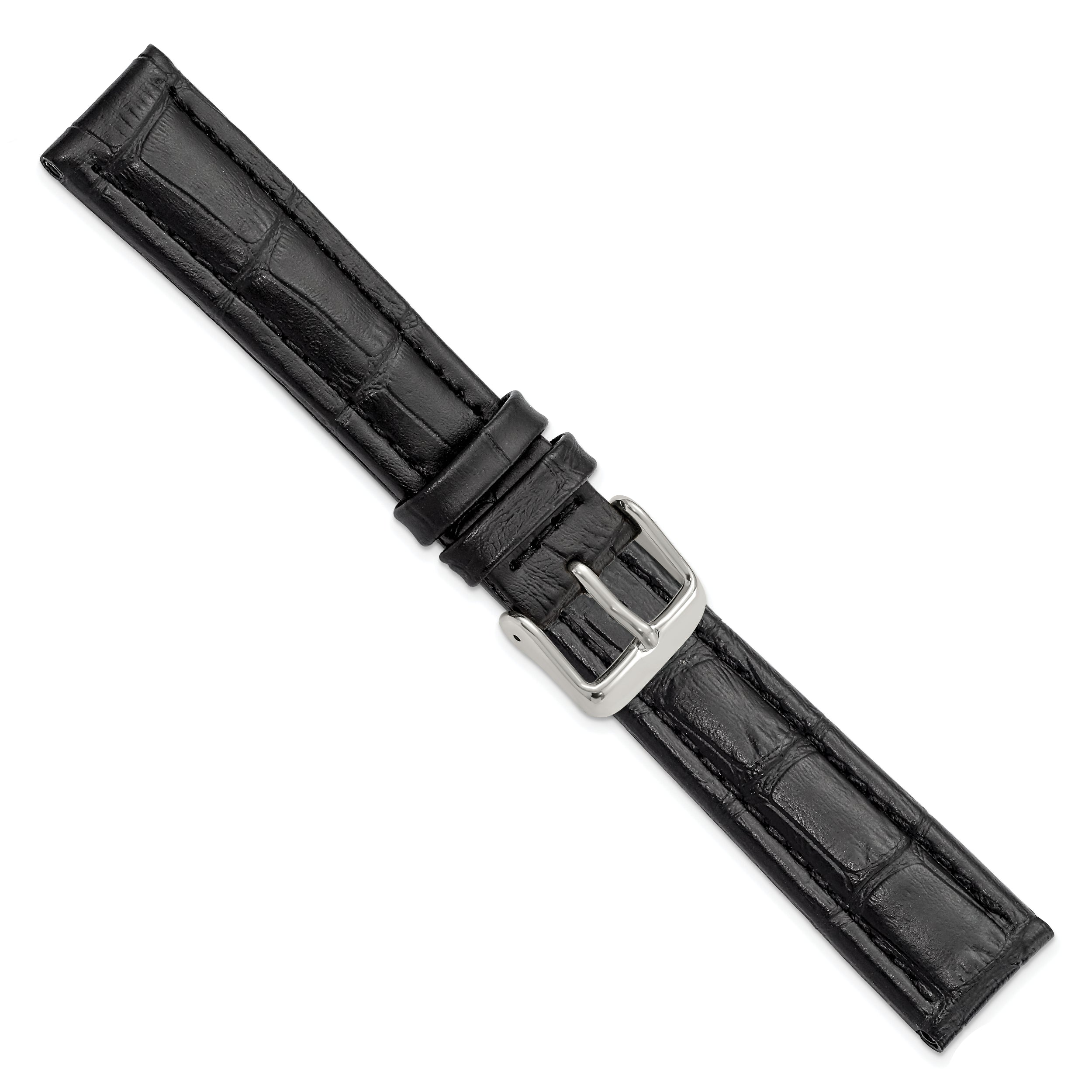14mm Black Matte Alligator Grain Leather with Silver-tone Buckle 6.75 inch Watch Band