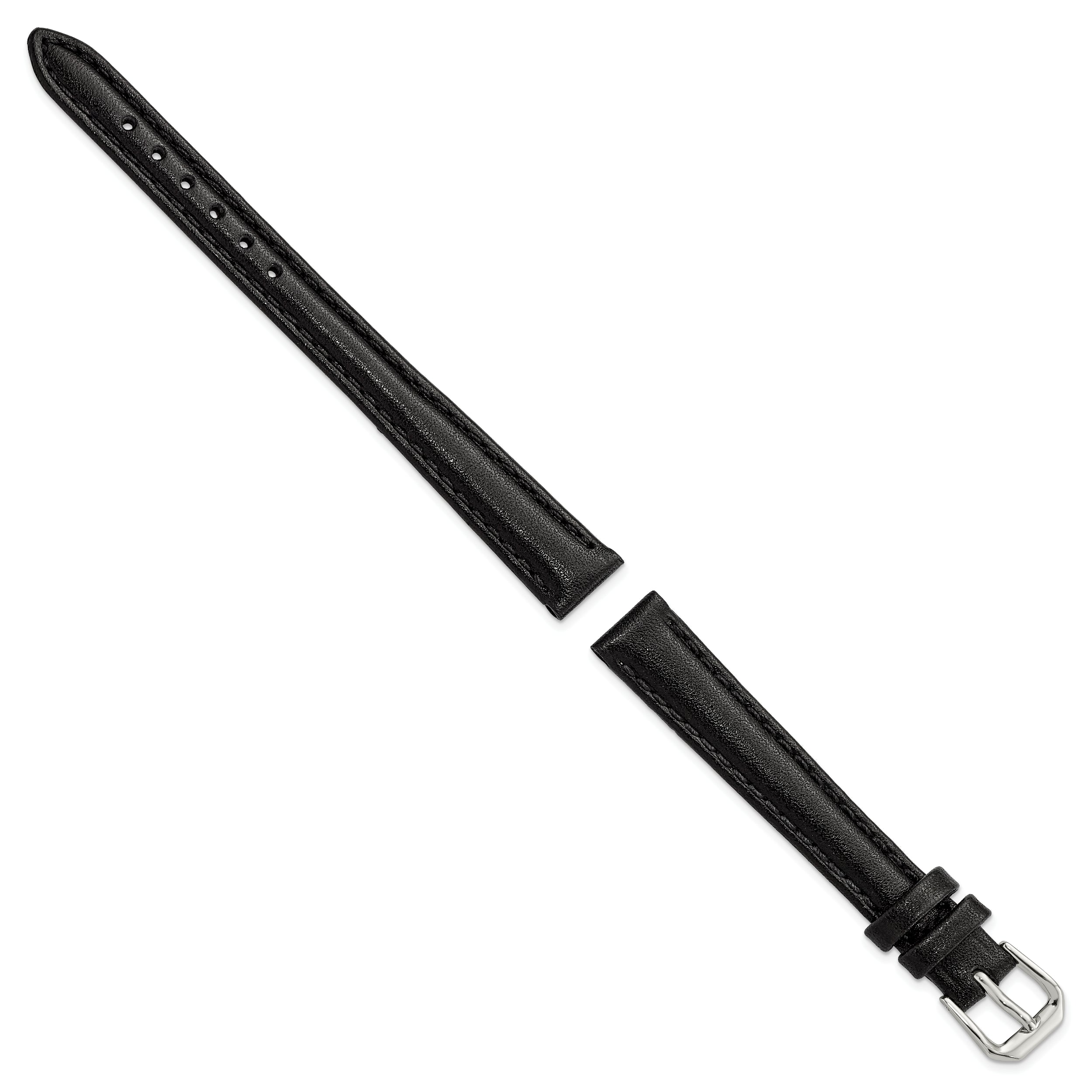 12mm Black Long Smooth Leather with Silver-tone Buckle 7.5 inch Watch Band