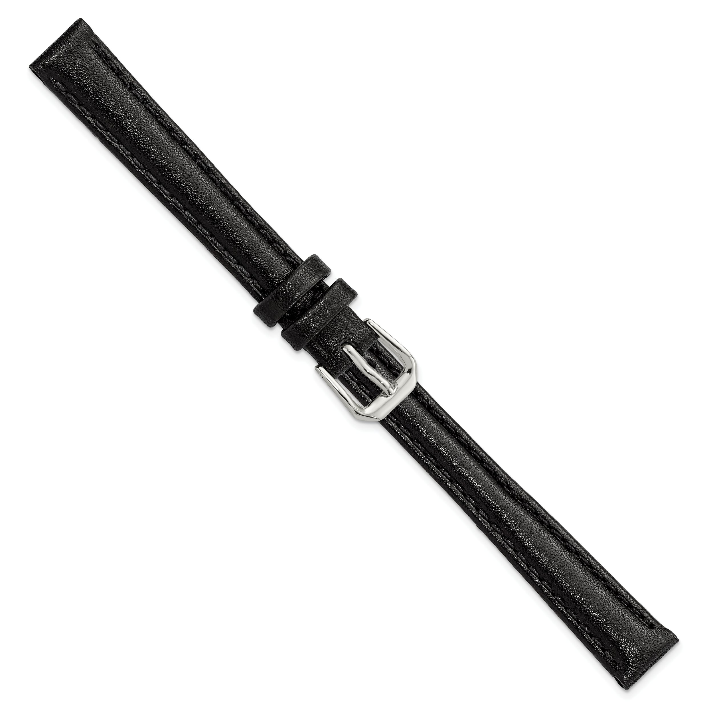 12mm Black Long Smooth Leather with Silver-tone Buckle 7.5 inch Watch Band