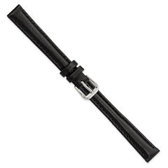 12mm Black Long Smooth Leather with Silver-tone Buckle 7.5 inch Watch Band