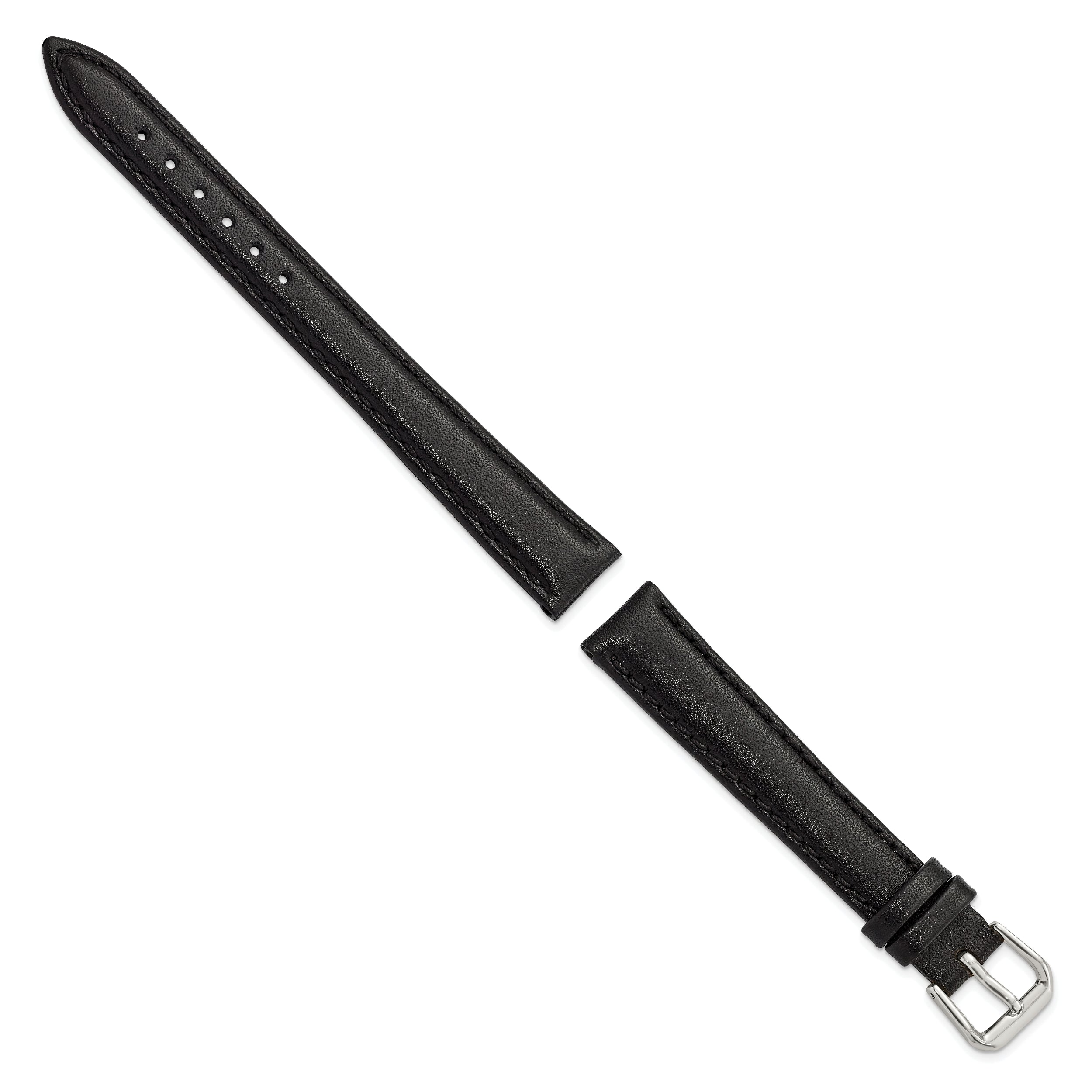 12mm Black Long Smooth Leather with Silver-tone Buckle 7.5 inch Watch Band