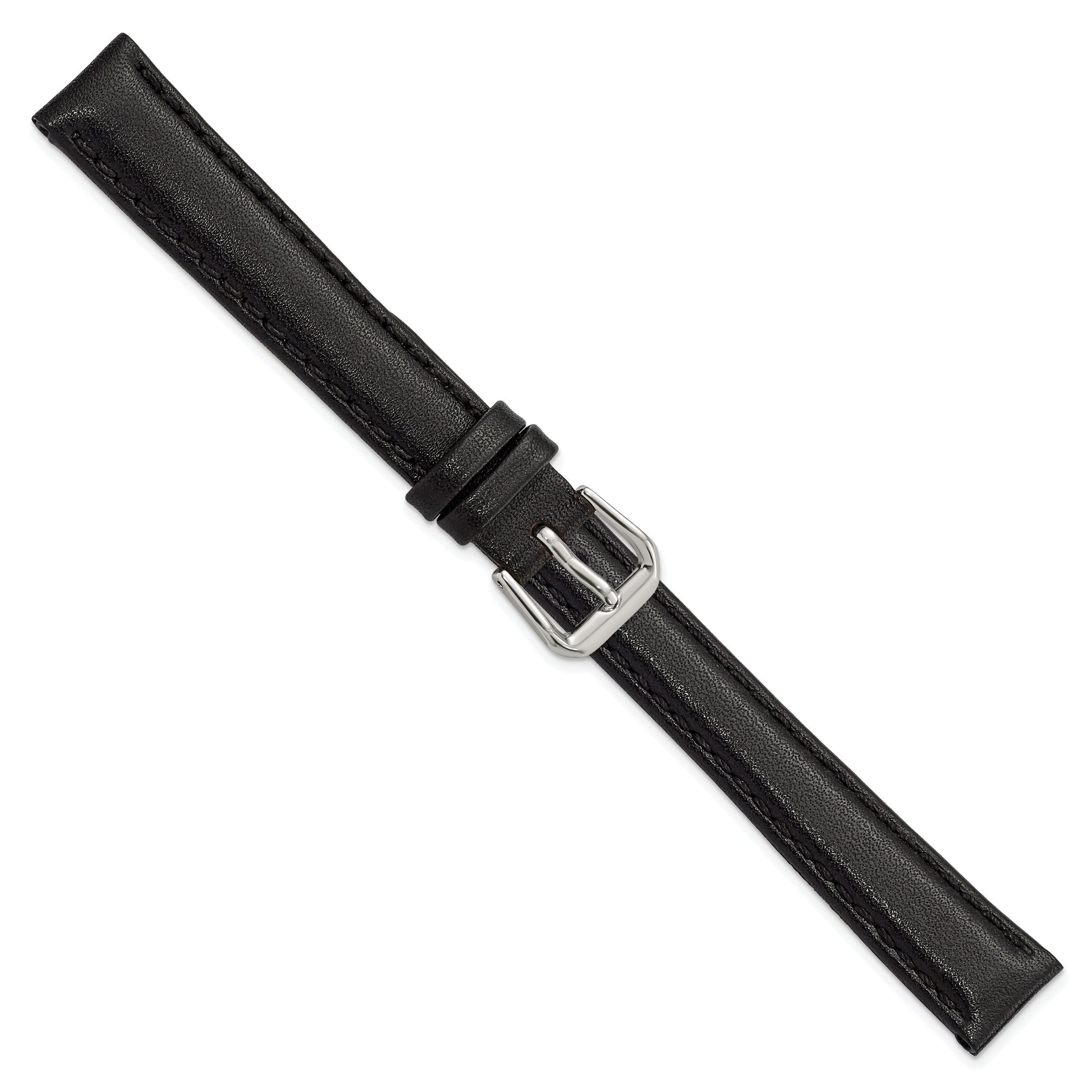 12mm Black Long Smooth Leather with Silver-tone Buckle 7.5 inch Watch Band