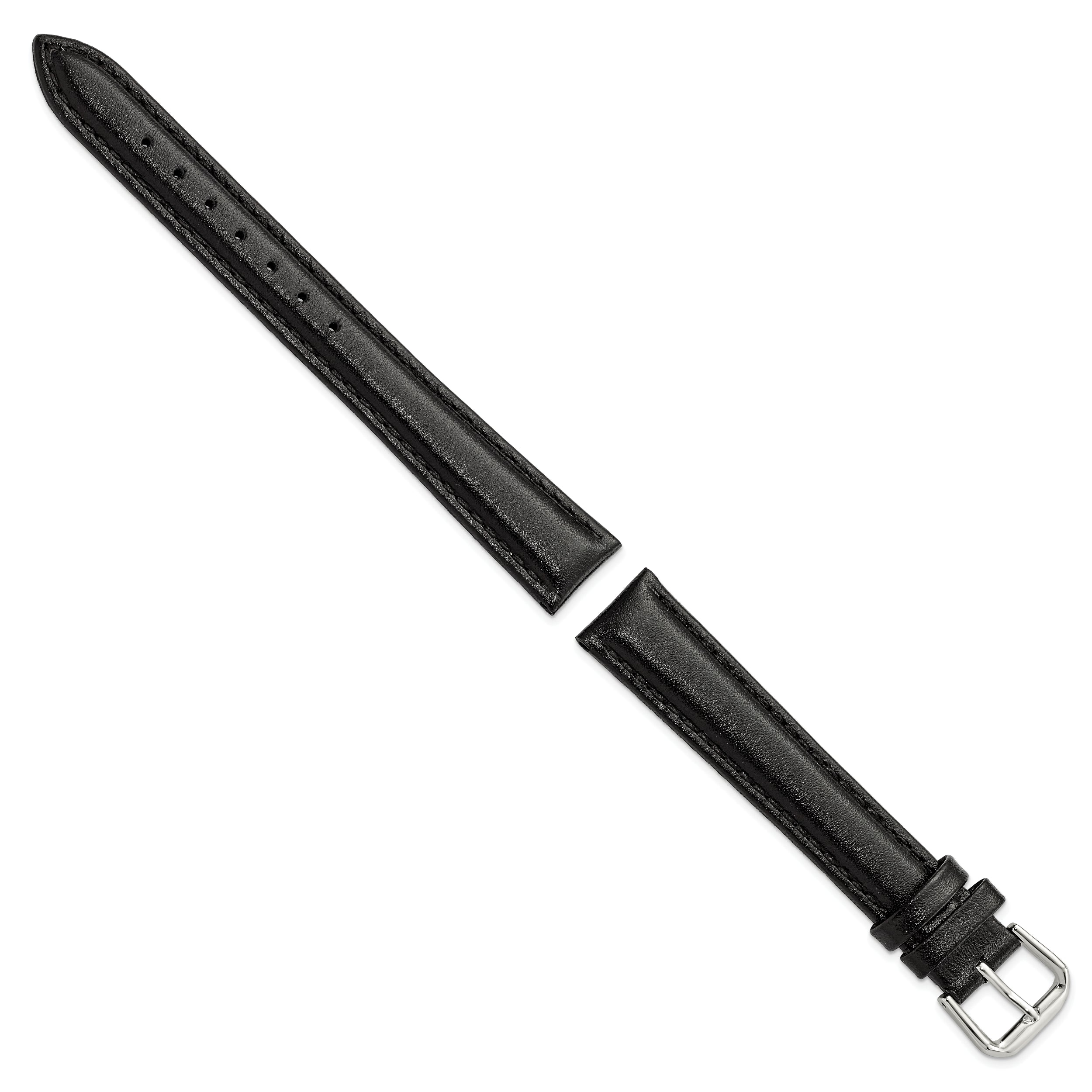 12mm Black Long Smooth Leather with Silver-tone Buckle 7.5 inch Watch Band