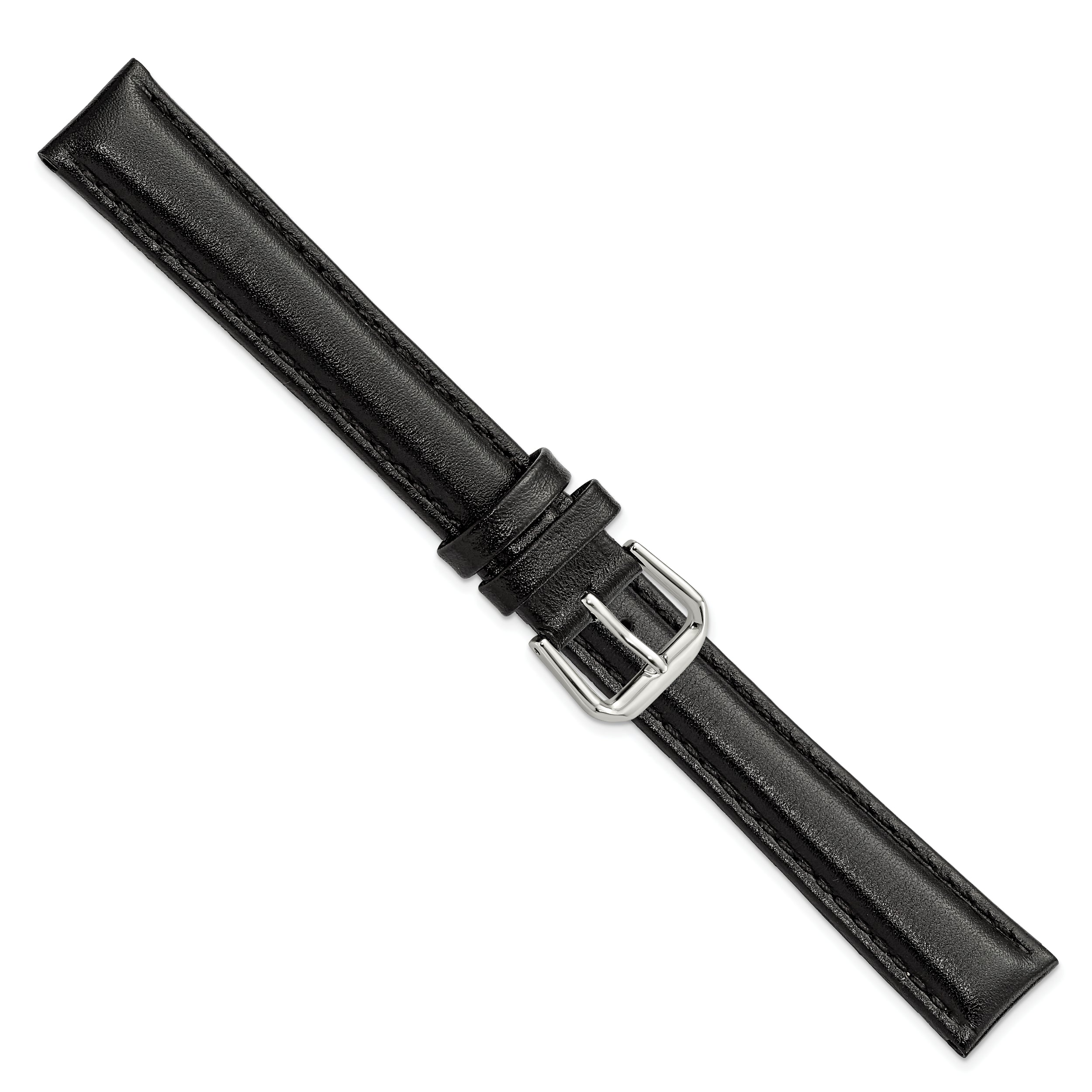 12mm Black Long Smooth Leather with Silver-tone Buckle 7.5 inch Watch Band