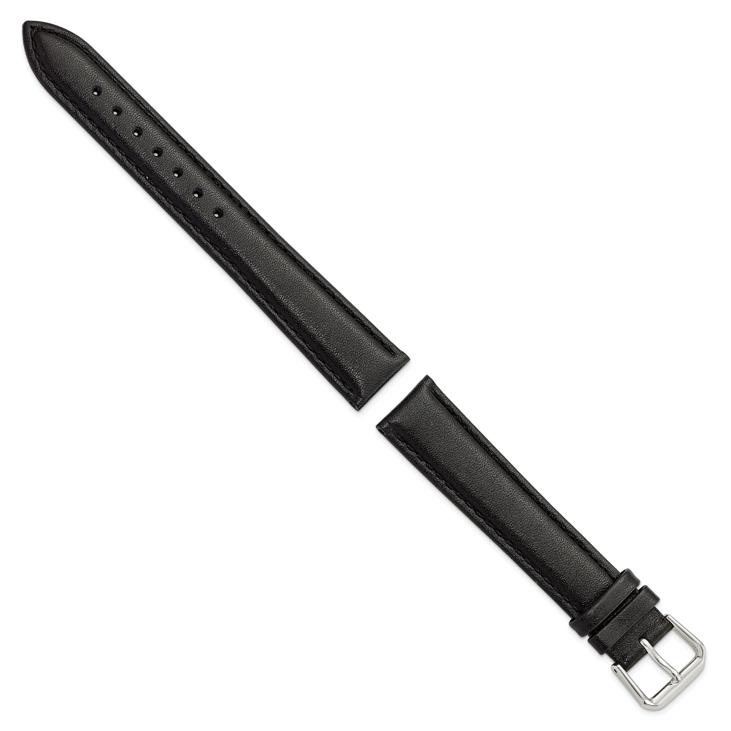 12mm Black Long Smooth Leather with Silver-tone Buckle 7.5 inch Watch Band