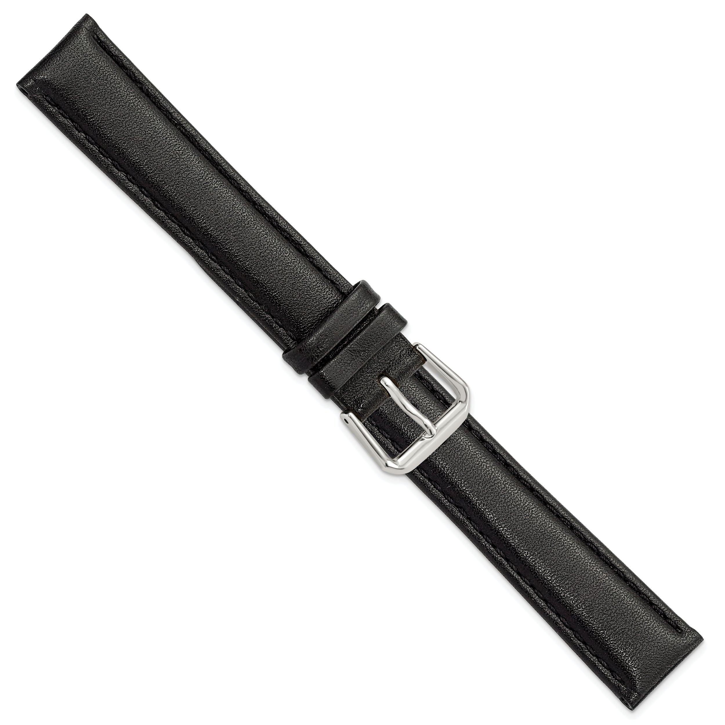 12mm Black Long Smooth Leather with Silver-tone Buckle 7.5 inch Watch Band