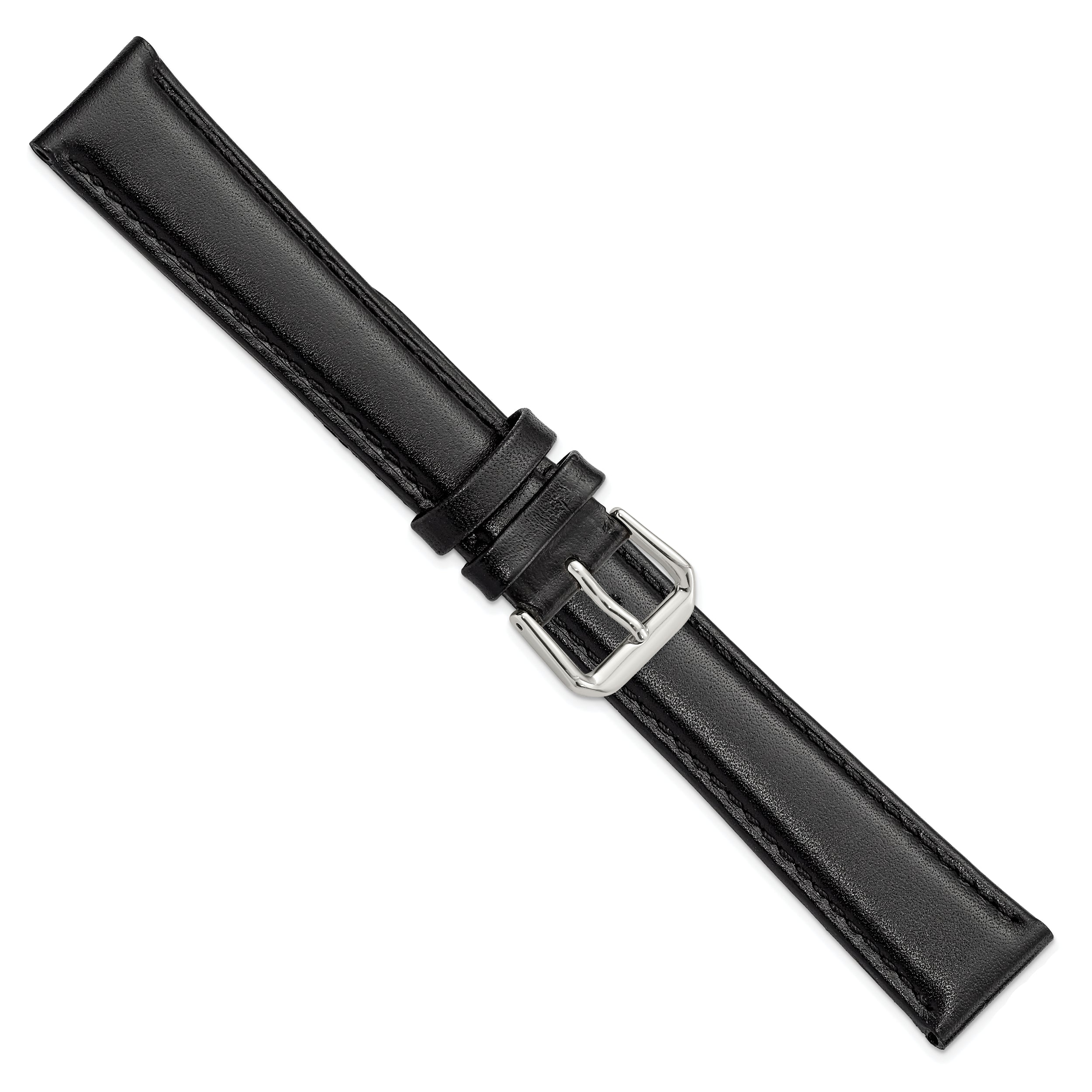12mm Black Long Smooth Leather with Silver-tone Buckle 7.5 inch Watch Band