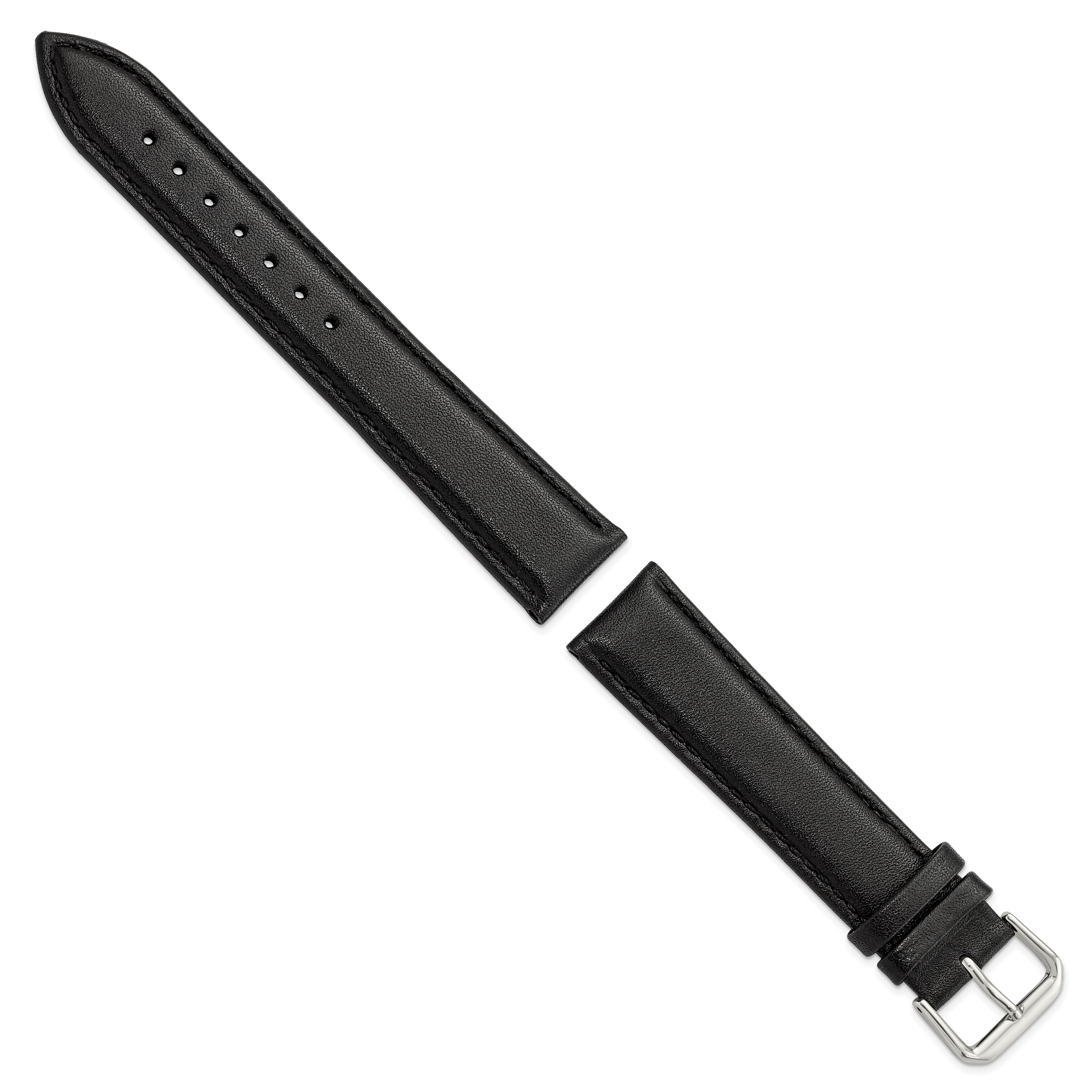 12mm Black Long Smooth Leather with Silver-tone Buckle 7.5 inch Watch Band