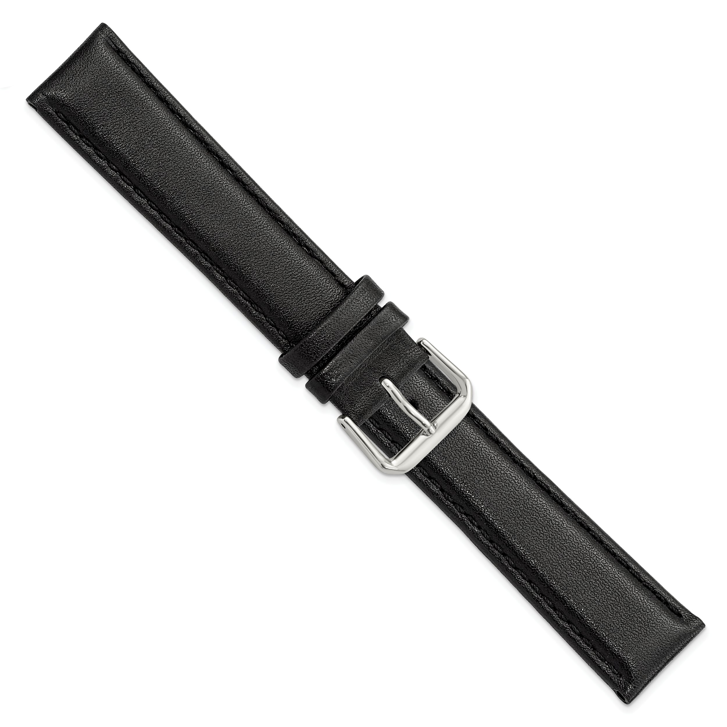 12mm Black Long Smooth Leather with Silver-tone Buckle 7.5 inch Watch Band