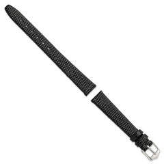 12mm Flat Black Lizard Grain Leather with Silver-tone Buckle 6.75 inch Watch Band