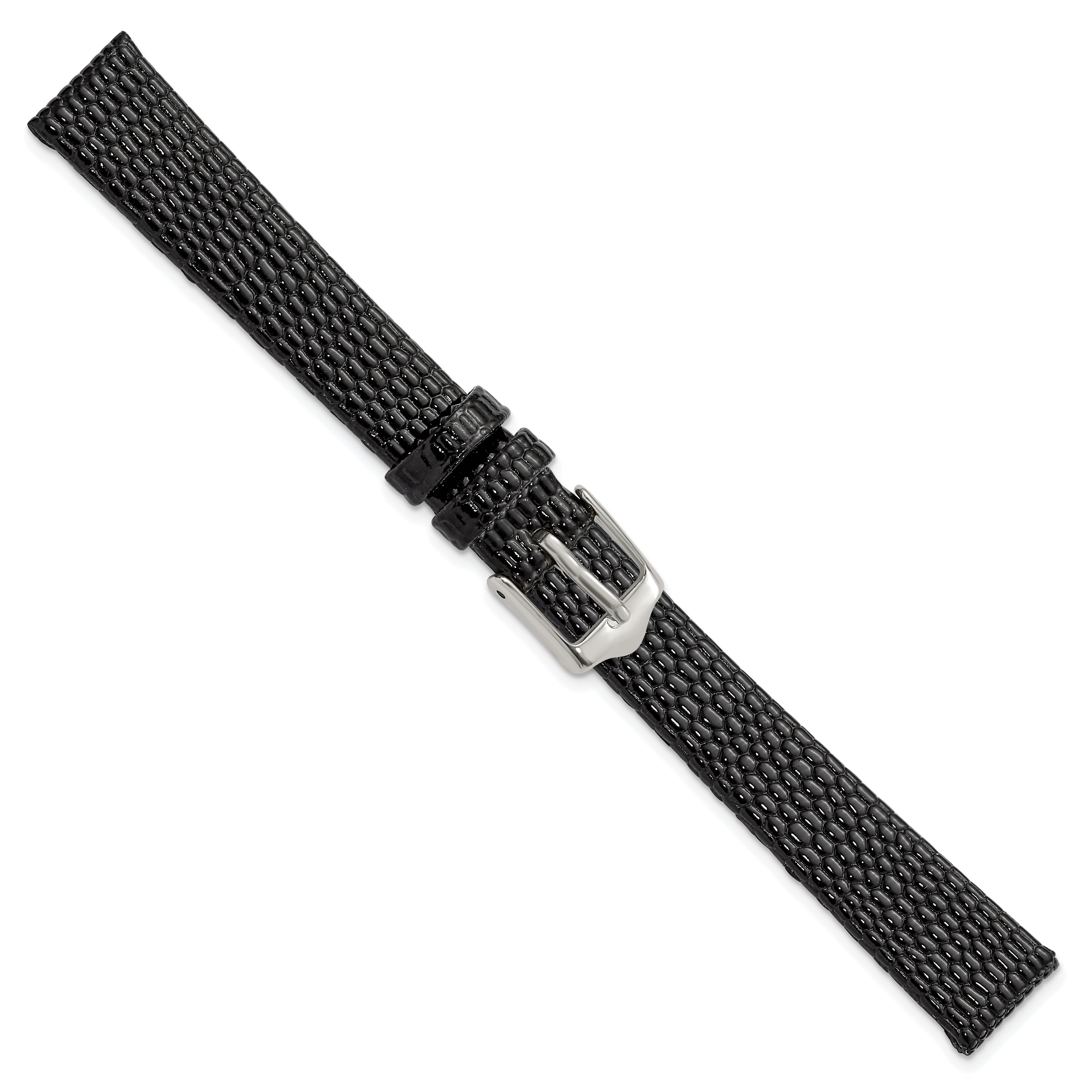 12mm Flat Black Lizard Grain Leather with Silver-tone Buckle 6.75 inch Watch Band